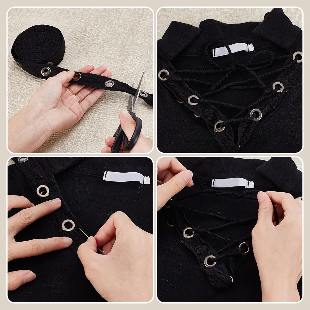 AHANDMAKER 5 Yards Eyelet Grommet Tape 1 Inch Wide Black Grommet Tape with Steel Eyelets Ring Trim with 1M Cotton Threads for Sewing Garment Corset Shirt Dress Crafts Making