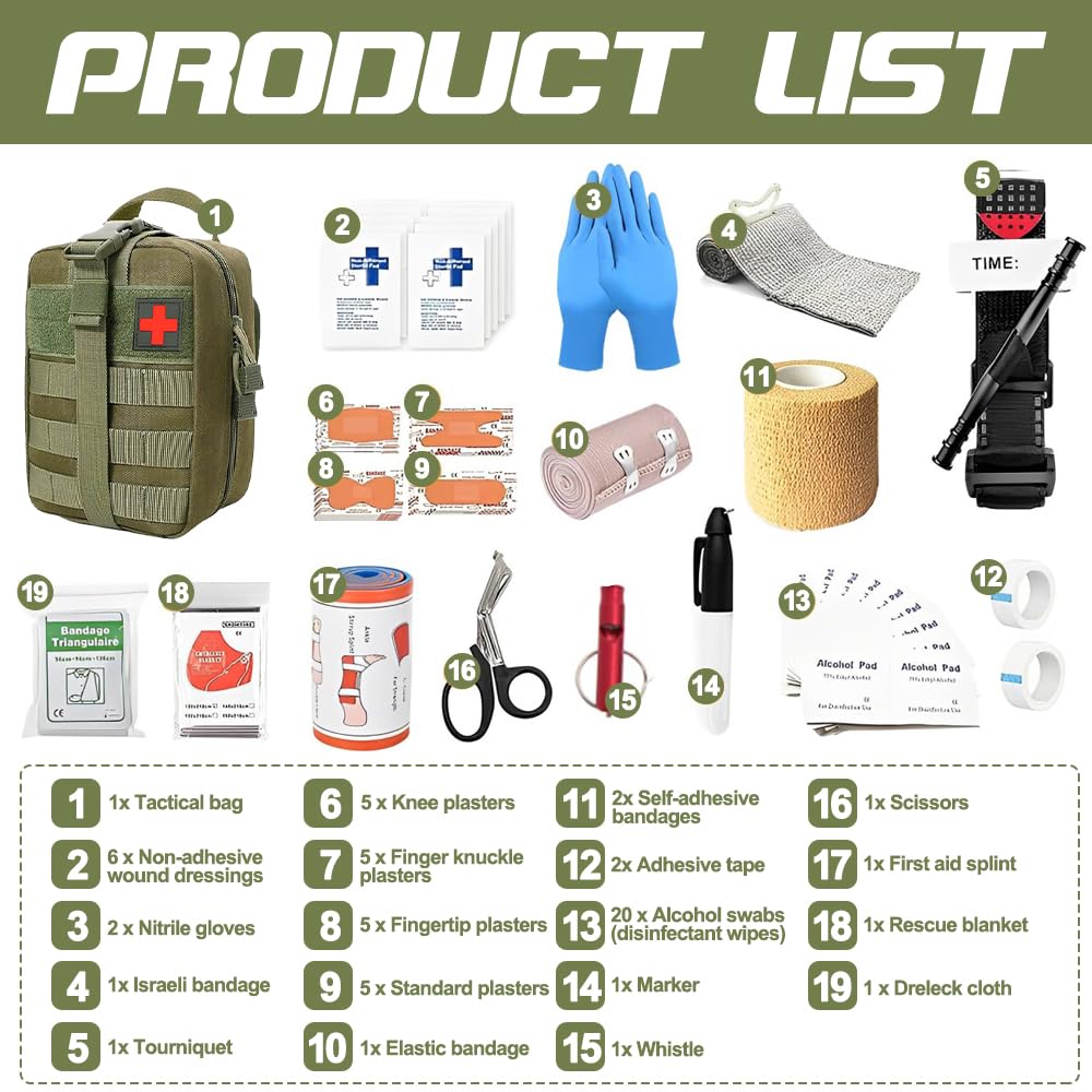 Trousse de Secours Tactique 49 Accessoires - Kit de Survie Médical pour Activités en Plein Air, Moto, Escalade et Bivouac - Sacoche de Premiers Soins Portable et Résistante(Vert)