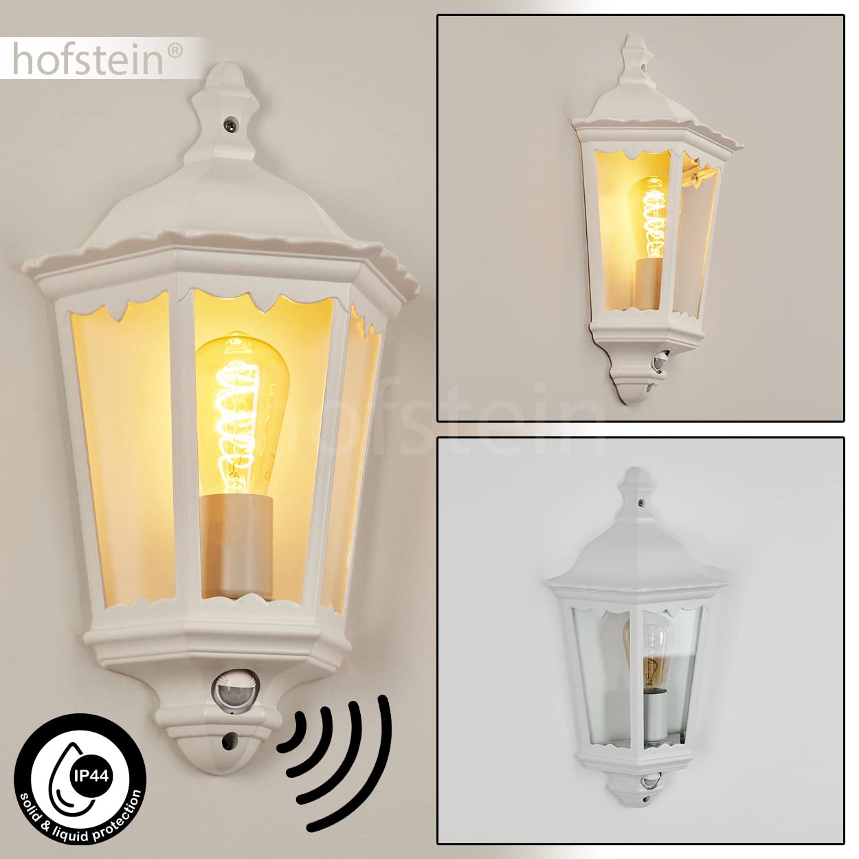 Applique d'extérieur Hongkong avec détecteur de mouvement, lampe murale look antique en métal/verre blanc/clair, applique rétro/vintage avec douille E27, pour terrasse/cour/entrée, sans ampoules
