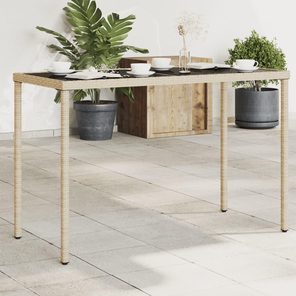 Garden Coffee Table in Beige PE Rattan with Tempered Glass 115 x 54 74 cm, Robust Steel Frame, UV-Resistant, Easy-Clean Outdoor Bistro for Patio Balcony Small Space