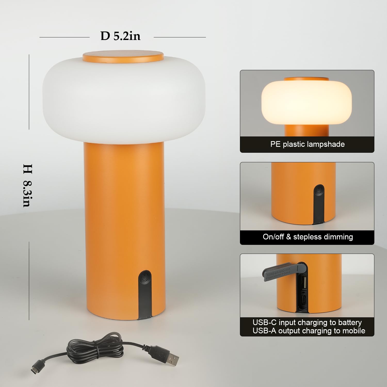 WEILAILUX Small Cordless Table Lamp Rechargeable, Portable Battery Operated Lamp with USB Charging, Touch Dimmable Night Light for Bedroom/Patio/Dinning/Outdoor/Camping (Orange)