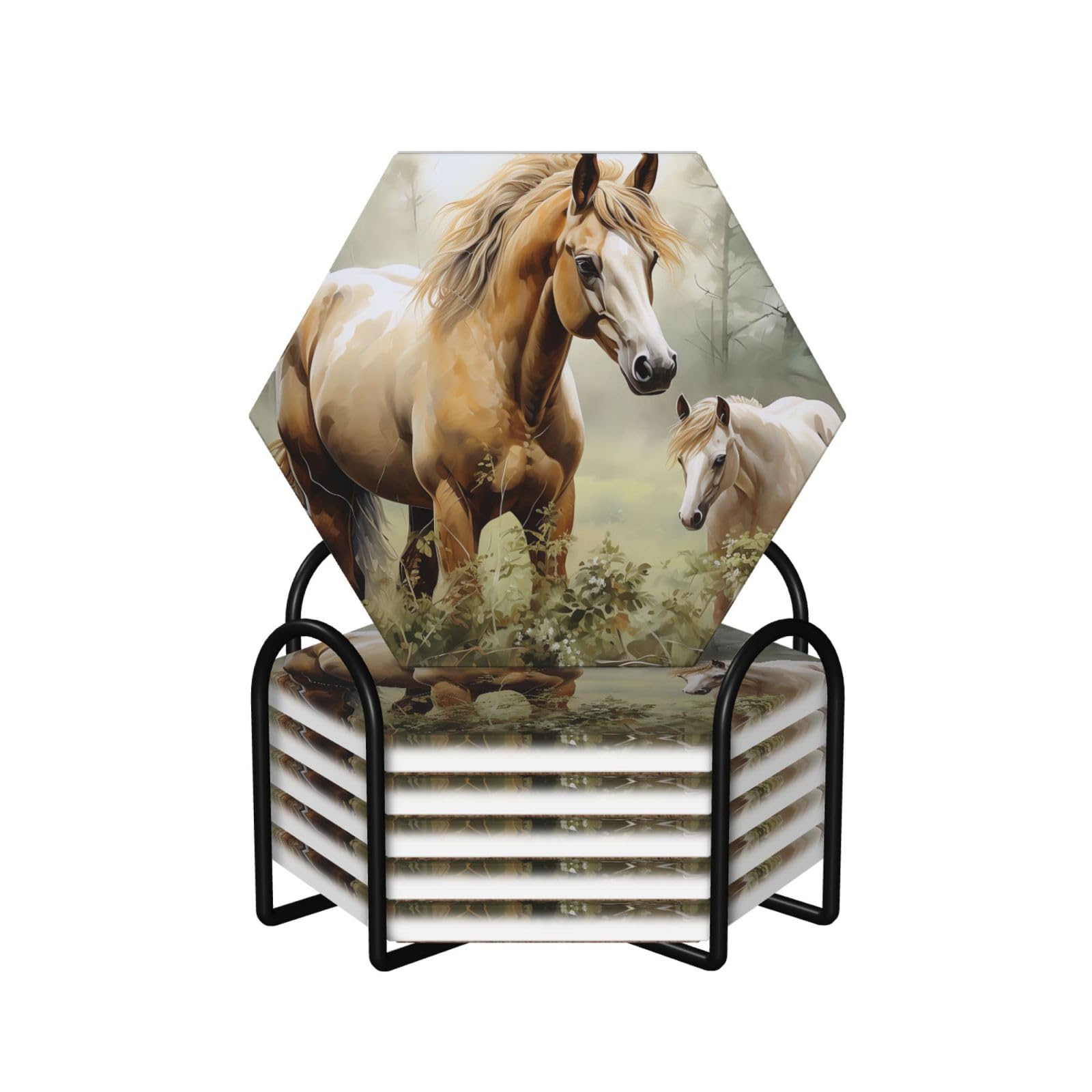 6Pcs Ceramics Coaster for Drinks, Horses Cup Coasters with Holder, Aesthetic Drink Coasters for Coffee Table, Absorbent Round Coaster for Tabletop Protection 4" Cup Mat Pad
