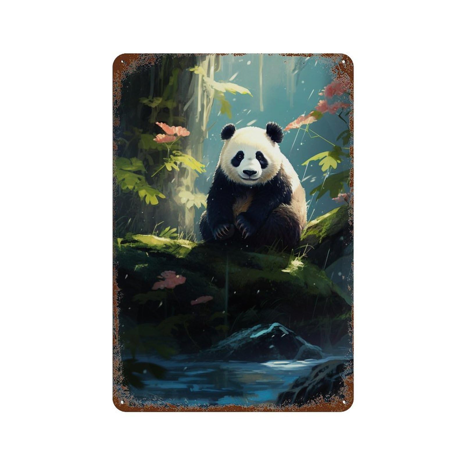 Panda in Forest Stream Aged Metal Wall Plaque 11.8"x7.9", Industrial Home Decor for Garage, Pub Or Kitchen