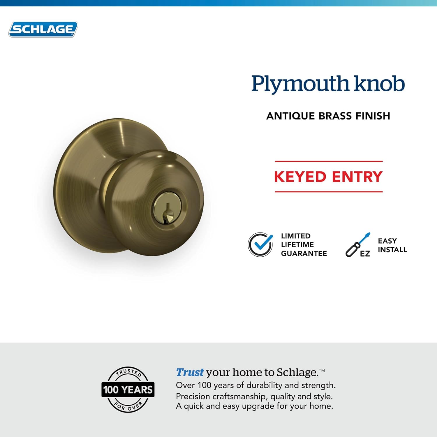SCHLAGE F51A PLY 609 Plymouth Knob Keyed Entry Lock, Antique Brass