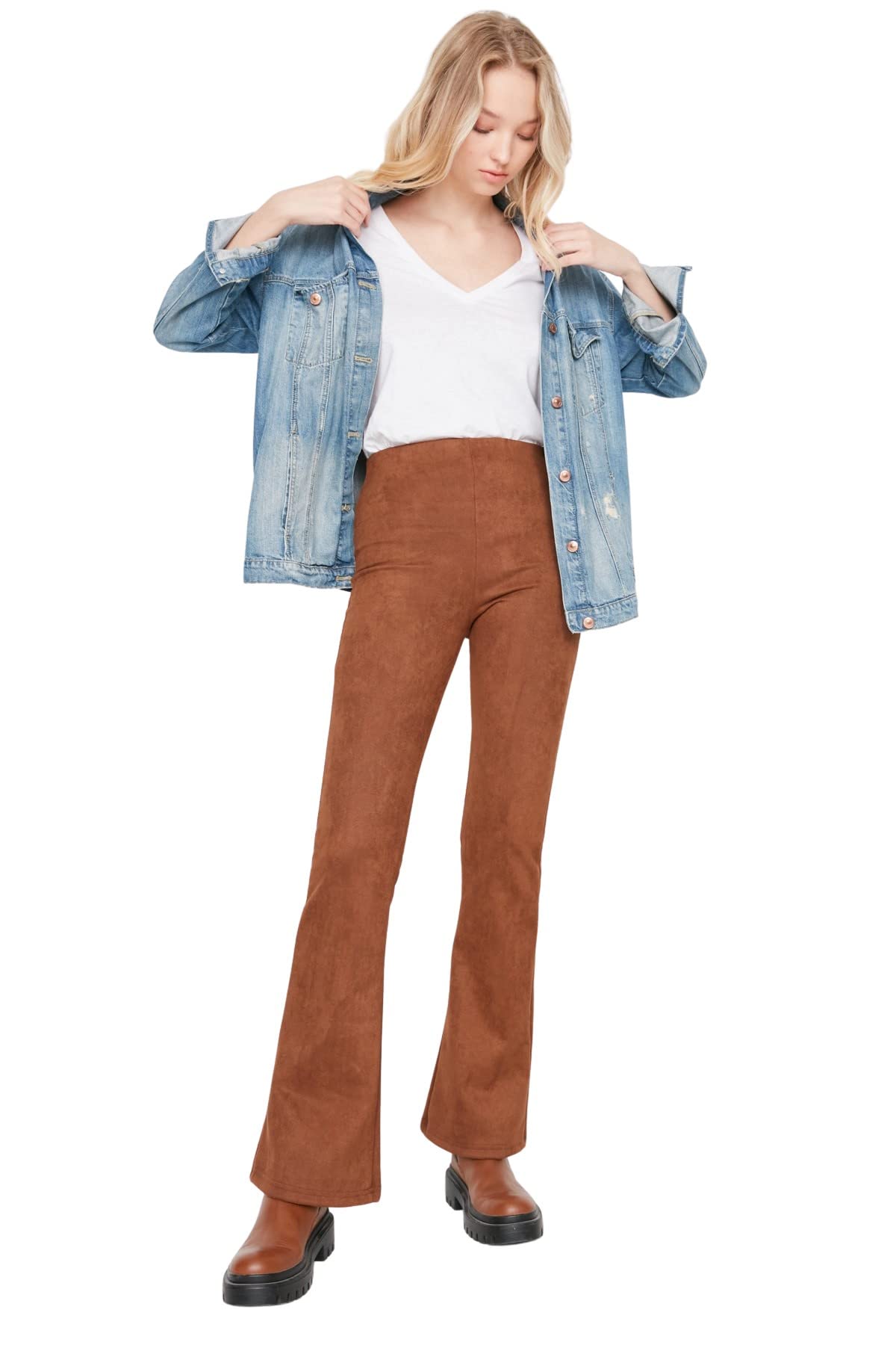 Trendyol Women High Waist Wide Leg Flare Trousers Brown
