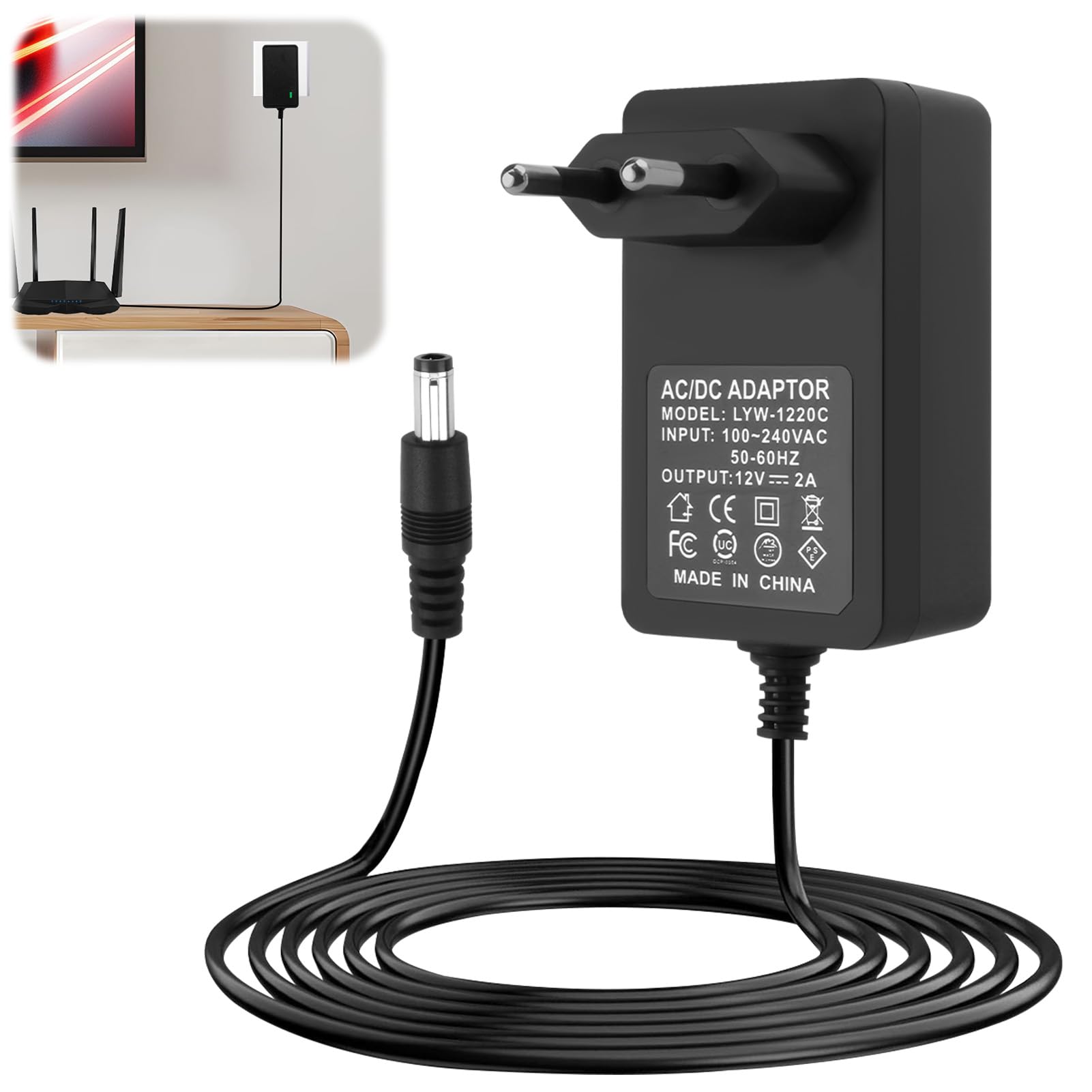 Alimentatore 12 V 2 A, adattatore AC/DC, caricatore DC 5,5 x 2,5 mm, per LED, telecamere di sicurezza, router
