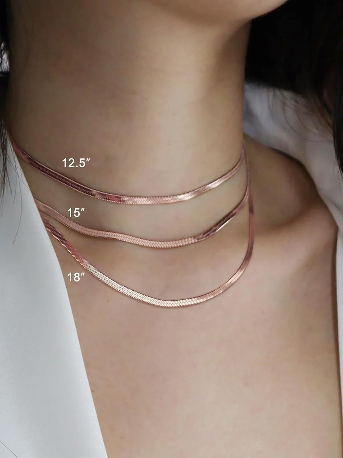 FOCALOOK 14K Gold Plated Necklaces for Women, Fashion Herringbone Choker Necklace Stainless Steel Flat Snake Chain 3/5MM(W) 12.5"/15"/18"+3.5"(L) - Image 2