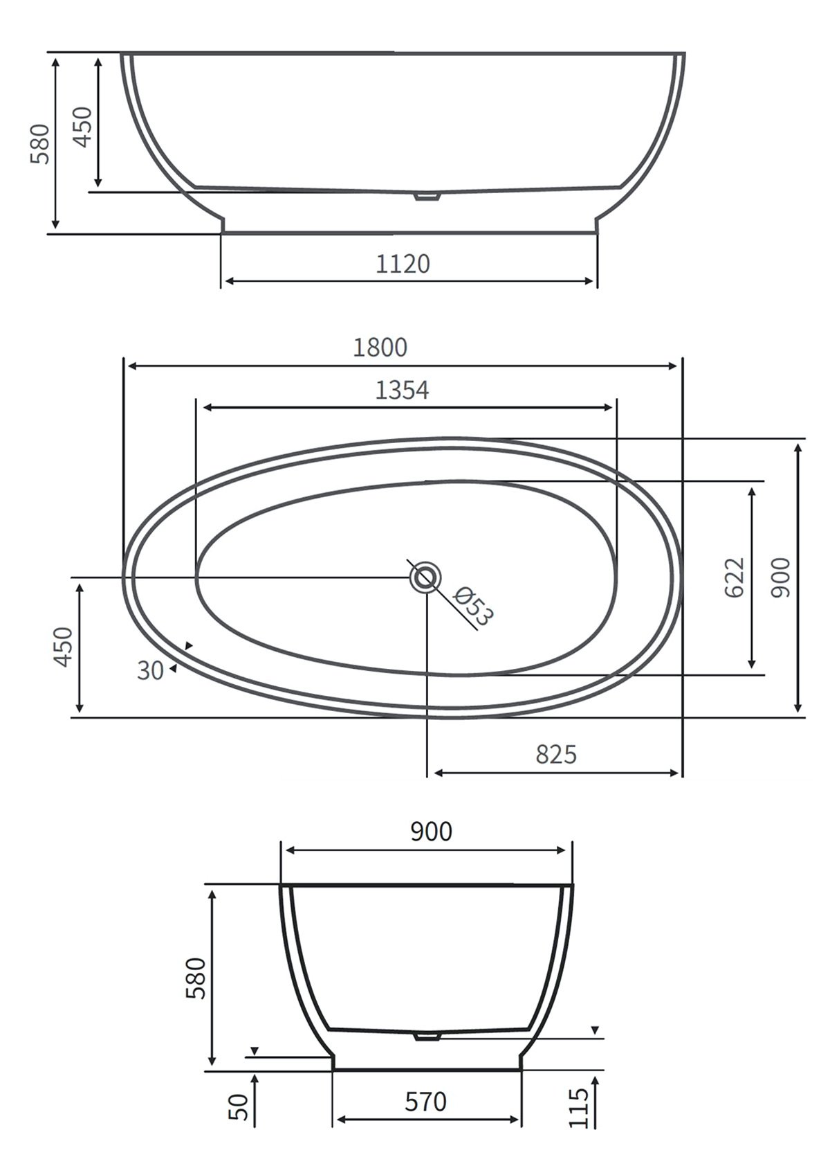 Bagno Italia Vasca da bagno 180x90x58 freestanding centro stanza stile ovale design moderno I