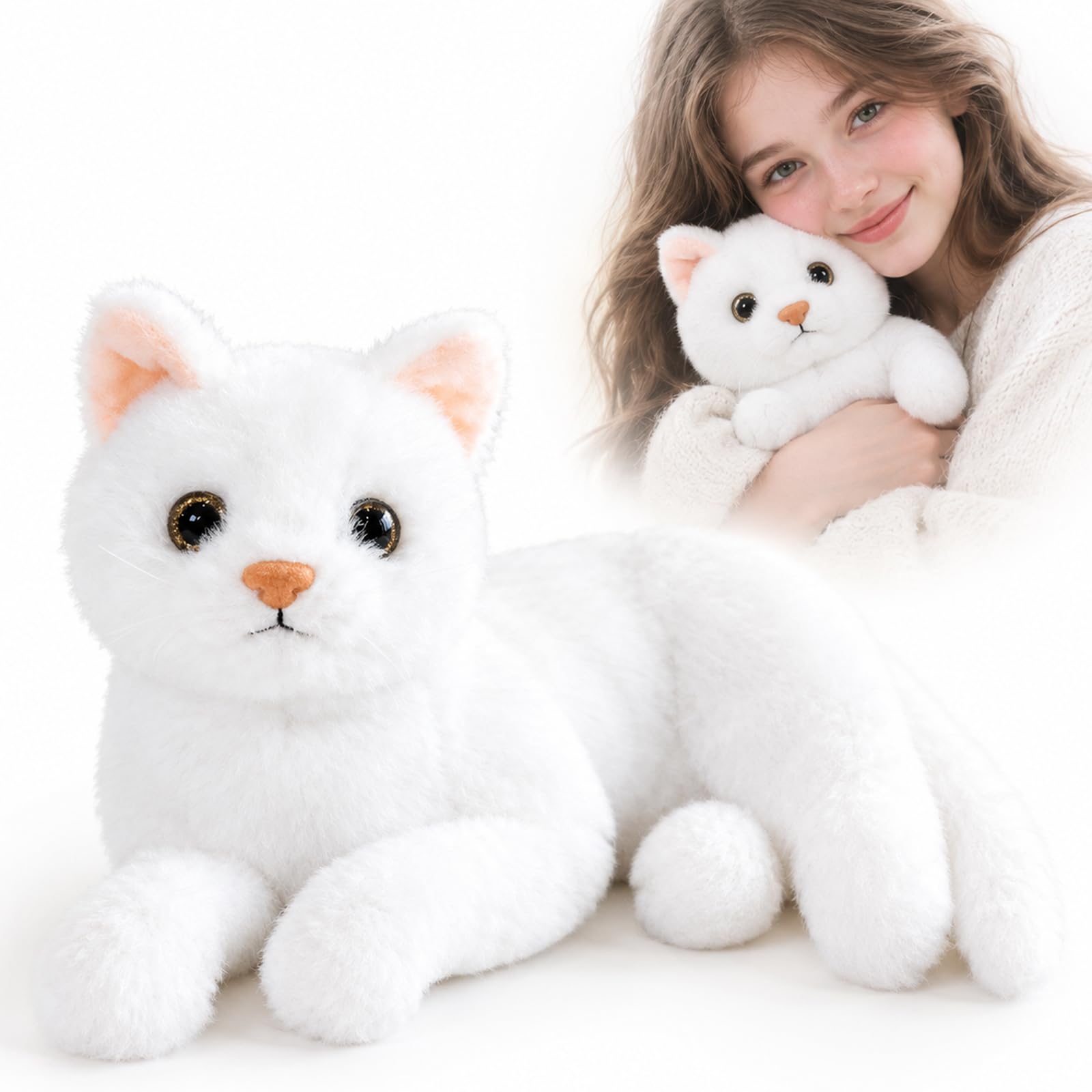 KMFASVX Realistic White Cat Plush, 29cm Lifelike Stuffed Animal Cat, Soft Huggable Kitten Plushie, Cute Cat Decor Pillow for Bedroom, Thoughtful Gift for Cat Lovers