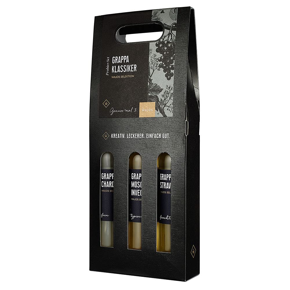 Wajos Geschenkset Grappa: 3er Set mit je 100ml Grappa Stravecchia, Grappa di Chardonnay, Grappa di Moscato Invecchiata, Alkohol Geschenkset für Männer