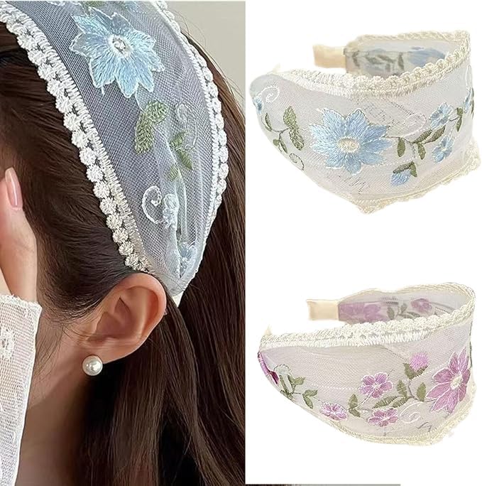AKADO 2pcs Vintage Floral Embroidered Mesh Headband Set, Elegant Wide-Brimmed Hair Hoop, Fashionable Hair Accessories For Women Hair Band-image-4