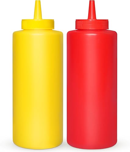 BRIGHTFROM Botellas exprimibles para condimentos, rojoamarillo botella vacía de 12 onzas con cuello ancho, ideal para salsa de tomate, mostaza,
