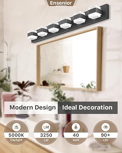 Miniatura 10 de Ensenior Lámparas de baño, luces LED regulables sobre el espejo, CRI 90, luz diurna de 5000 K, acero inoxidable acrílico, 6 luces para tocador