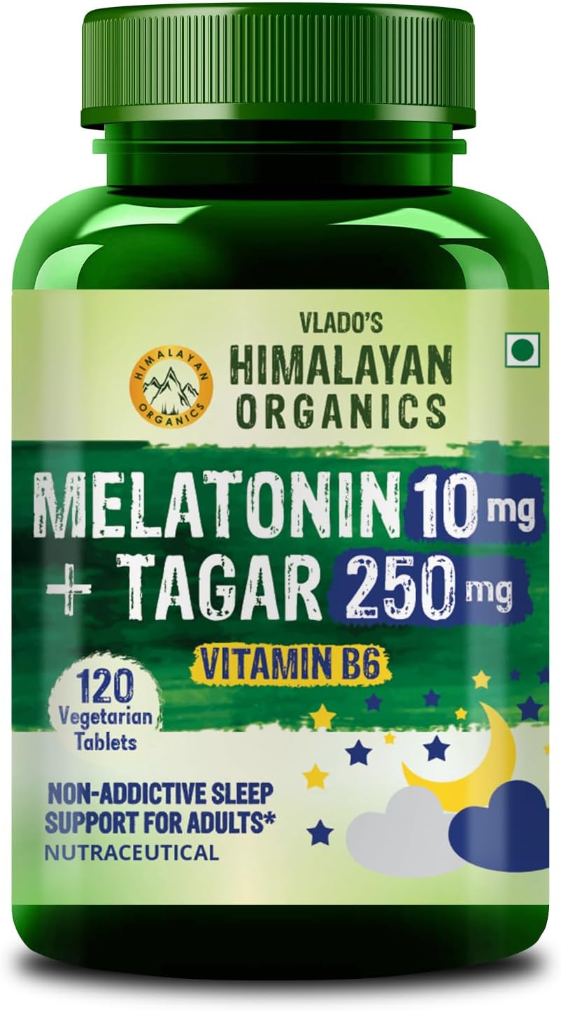 Vlado's Himalayan Organics Melatonin 10Mg Sleep Tablets- Sleeping Pills with with 250mg Tagar & Vitamin B6 for Deep Sleep Restful Nights, and Effective Sleep Dose | for Women & Men | Non-Habit Forming, Restful Sleep - 120 Tablets