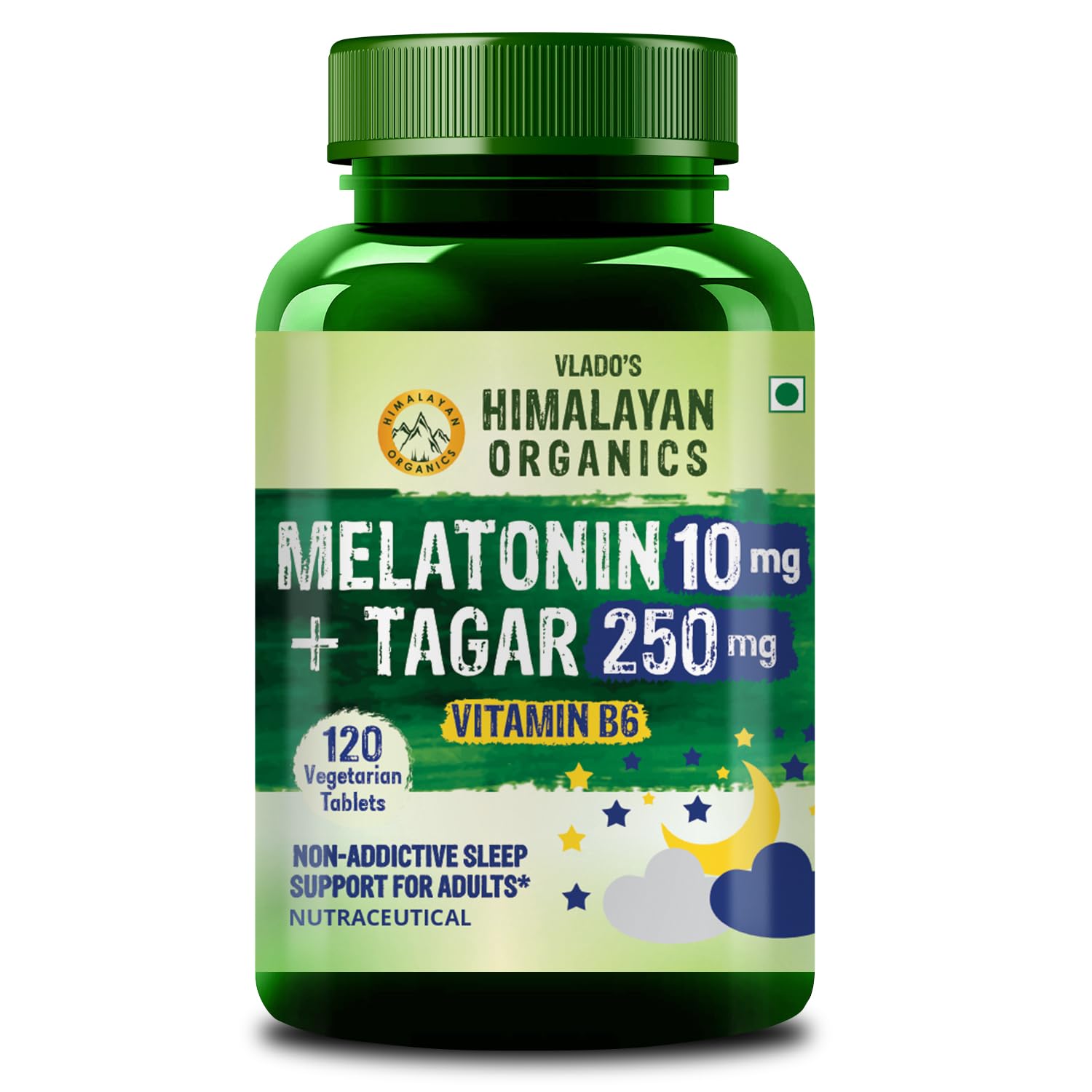 Vlado's Himalayan Organics Melatonin 10Mg Sleep Tablets- Sleeping Pills with with 250mg Tagar & Vitamin B6 for Deep Sleep Restful Nights, and Effective Sleep Dose | for Women & Men | Non-Habit Forming, Restful Sleep - 120 Tablets
