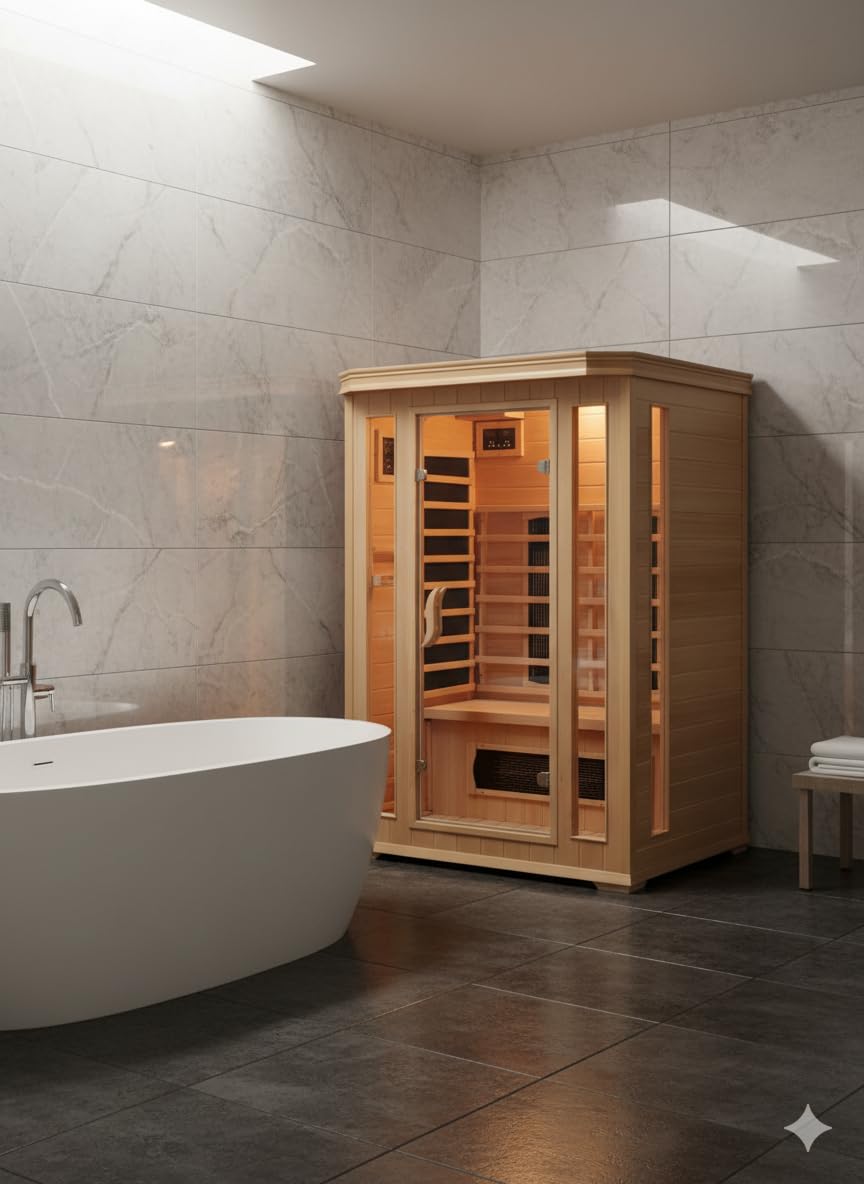 CONCEPT USINE | Sauna a infrarossi di lusso a 2 posti in legno | Calore a secco economico | 5 diffusori a infrarossi | cromoterapia 7 colori | controlli LCD + radio | 1690 W | Compatto e rilassante