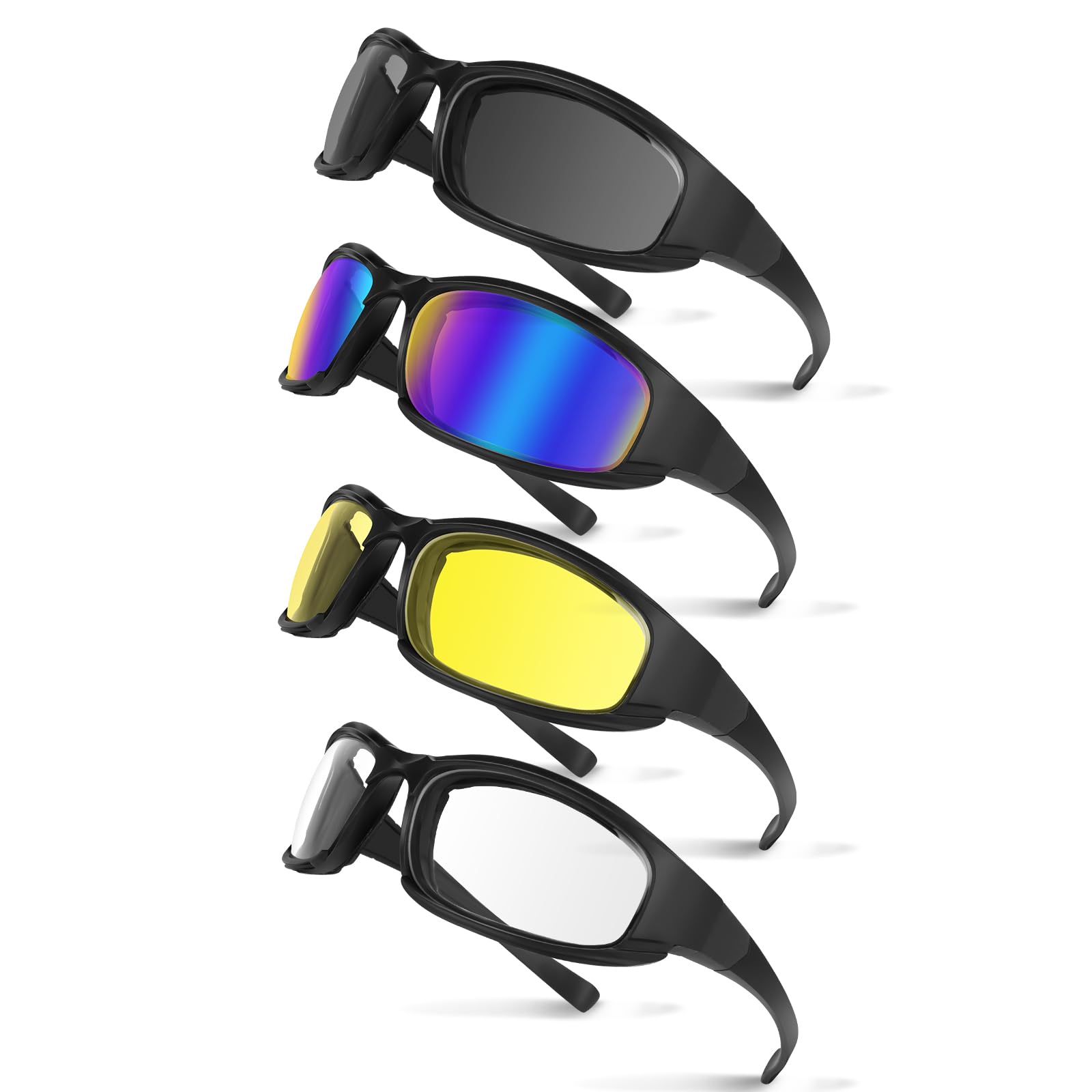 Motorradbrille, 4 Stück, Motorrad-Reitbrille, Motorrad-Sonnenbrille, UV-Schutz, staubdicht (schwarz + blau + gelb + transparent)