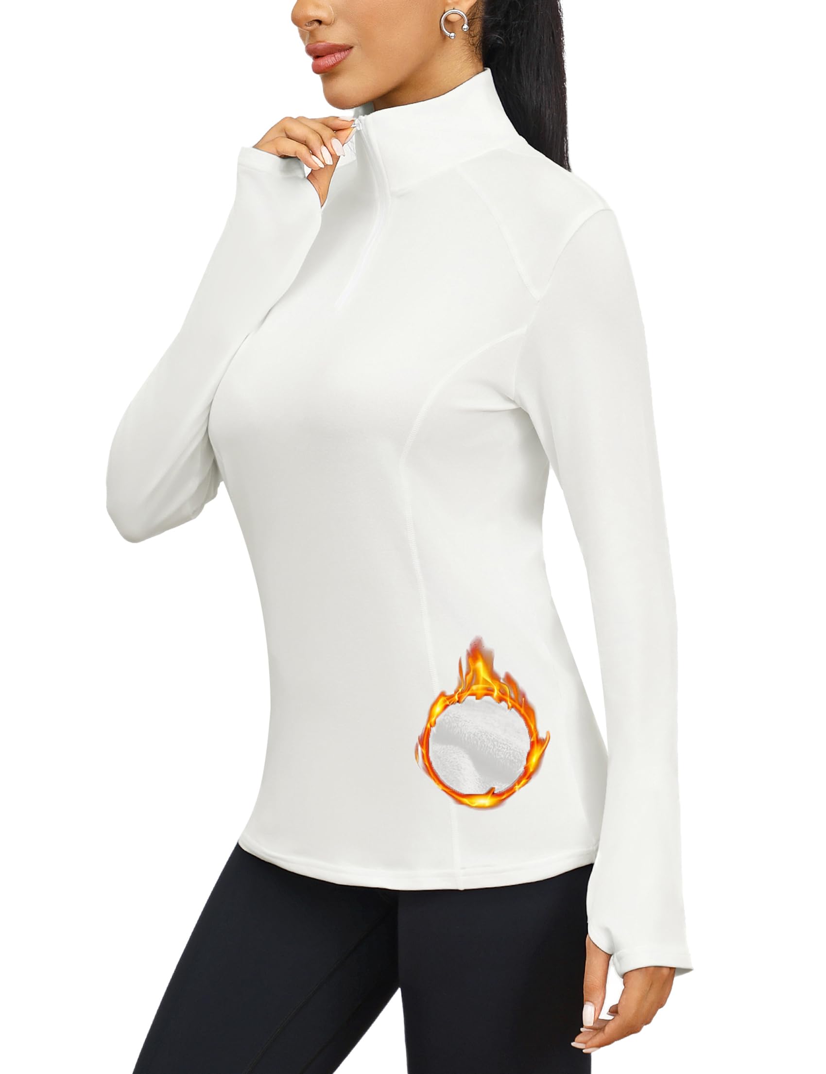 Terecey Thermo winter T shirt voor dames, lange mouwen, licht functioneel shirt met halve ritssluiting, tennis T shirt voor dames met duimgat S 3XL, Wit, XXL