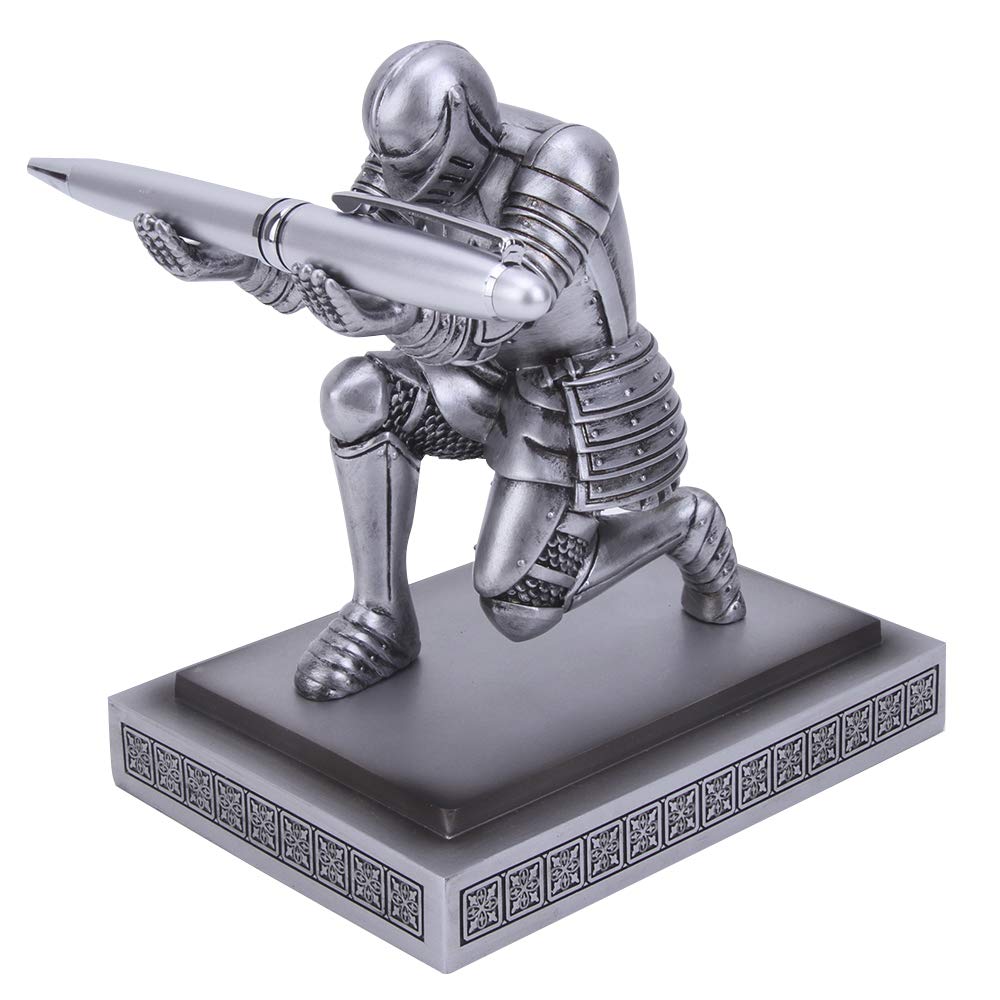 Knight Pen Holder Desk Organizers and Accessories Desk Decor Resin Pen Holder as Gift with a Cool Pen for Office and Home (Silver)