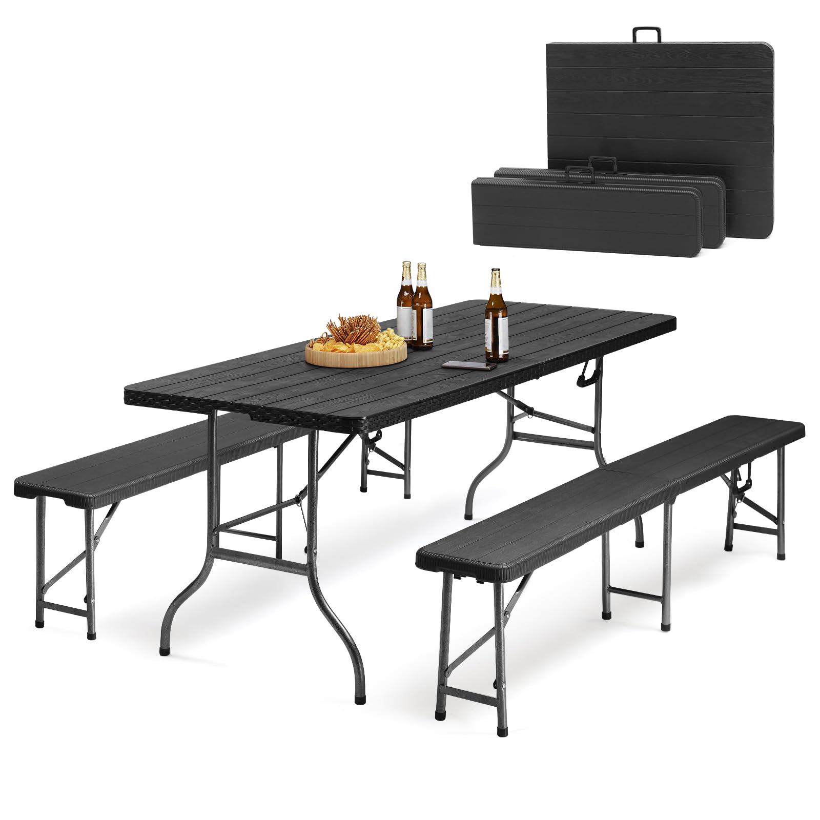Sekey Bierzeltgarnitur Klappbar Campingtisch Set, 2 x Bierbänke & 1 x Biertisch, 180cm Biertischgarnitur 3-teilig Gartenmöbel Set Holzmaserung, Schwarz