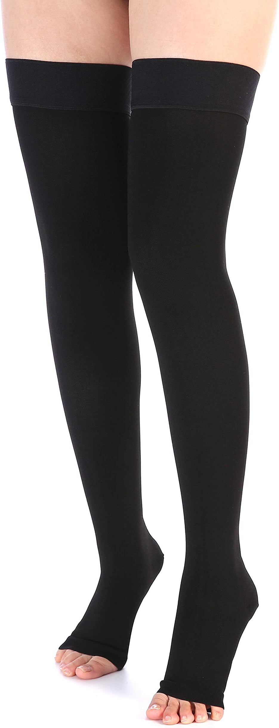 LeotrunyWomen Men 20-30 mmHg Support Open-Toe Thigh High Compression Stockings (C02-Black, Medium (1 Pair))