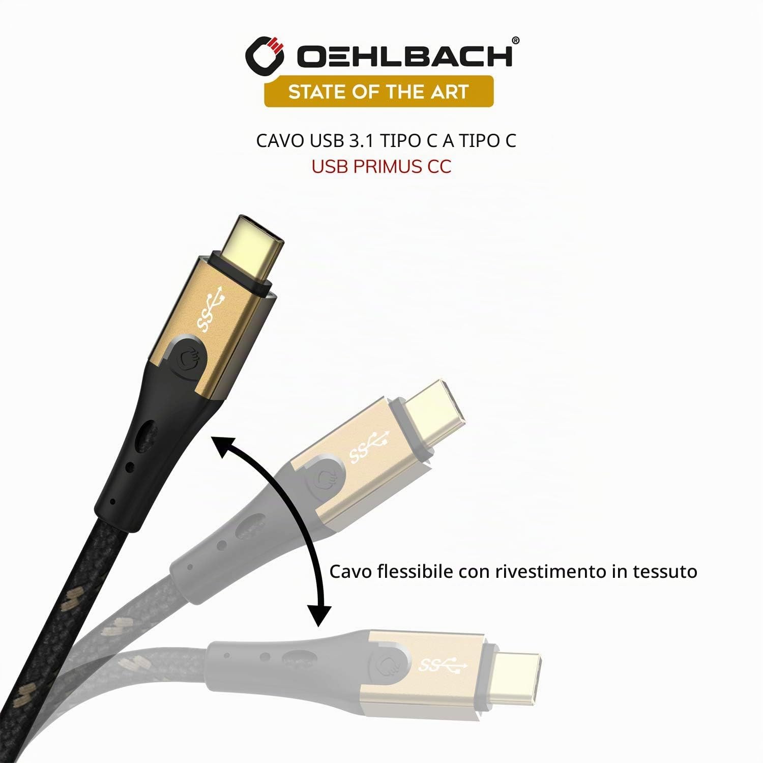 Oehlbach Primus Cavo USB tipo C a tipo C – State of The Art – Super Speed 10 Gbps 40 W Fast Charge ricarica rapida altamente flessibile HPOCC 3 schermatura 4 K 60 Hz – Nero/Oro – 50 cm
