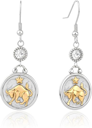 Two Tone 12 Zodiac Earrings Pearly White Enamel Round Disc Constellation Horoscope Dangle Earrings Gold Zodiac Sign Jewelry Birthday Gift for Women
