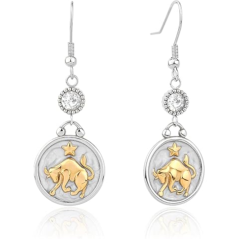 TaYolnFaSo Two Tone 12 Zodiac Earrings Pearly White Enamel Round Disc Constellation Horoscope Dangle Earrings Gold Zodiac Sign Jewelry Birthday Gift for Women