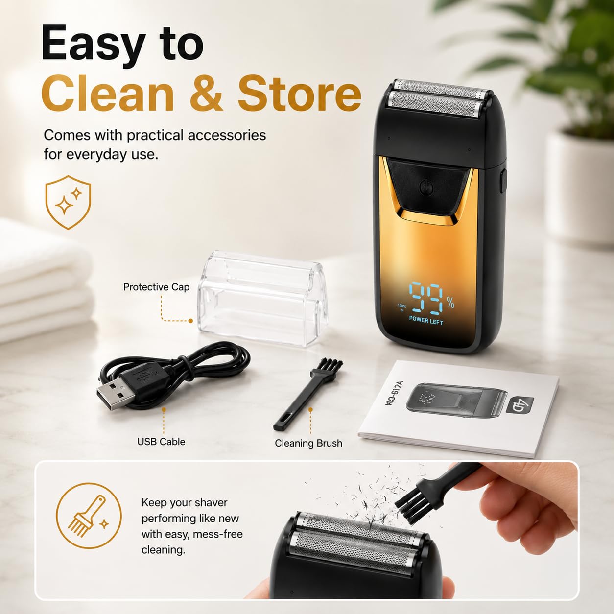 Mini Rasoio Elettrico Portatile con Display LED, Rasoio USB Ricaricabile per Uomo, Rasatura Wet & Dry, Rasoio da Viaggio Compatto, Regolabarba a Lamina (Gold)