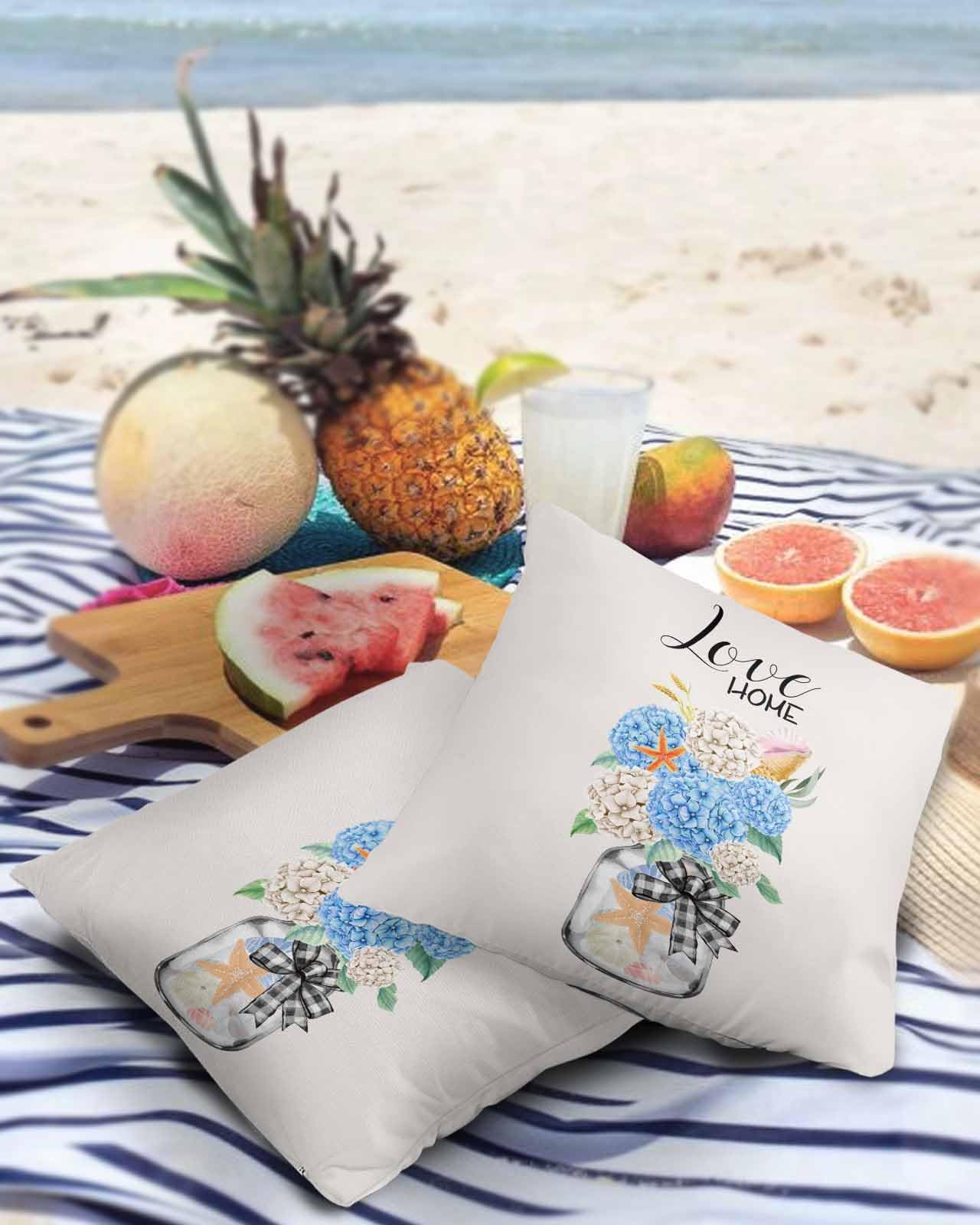 Floral Bottle Outdoor Pillow Cover 24x24 Inch Cushion Sham Case,Waterproof Decorative Square Throw Pillowcase for Garden Patio Couch Chair Tent Blue Grey Coastal Starfish Eucalyptus Plaid Farmhouse