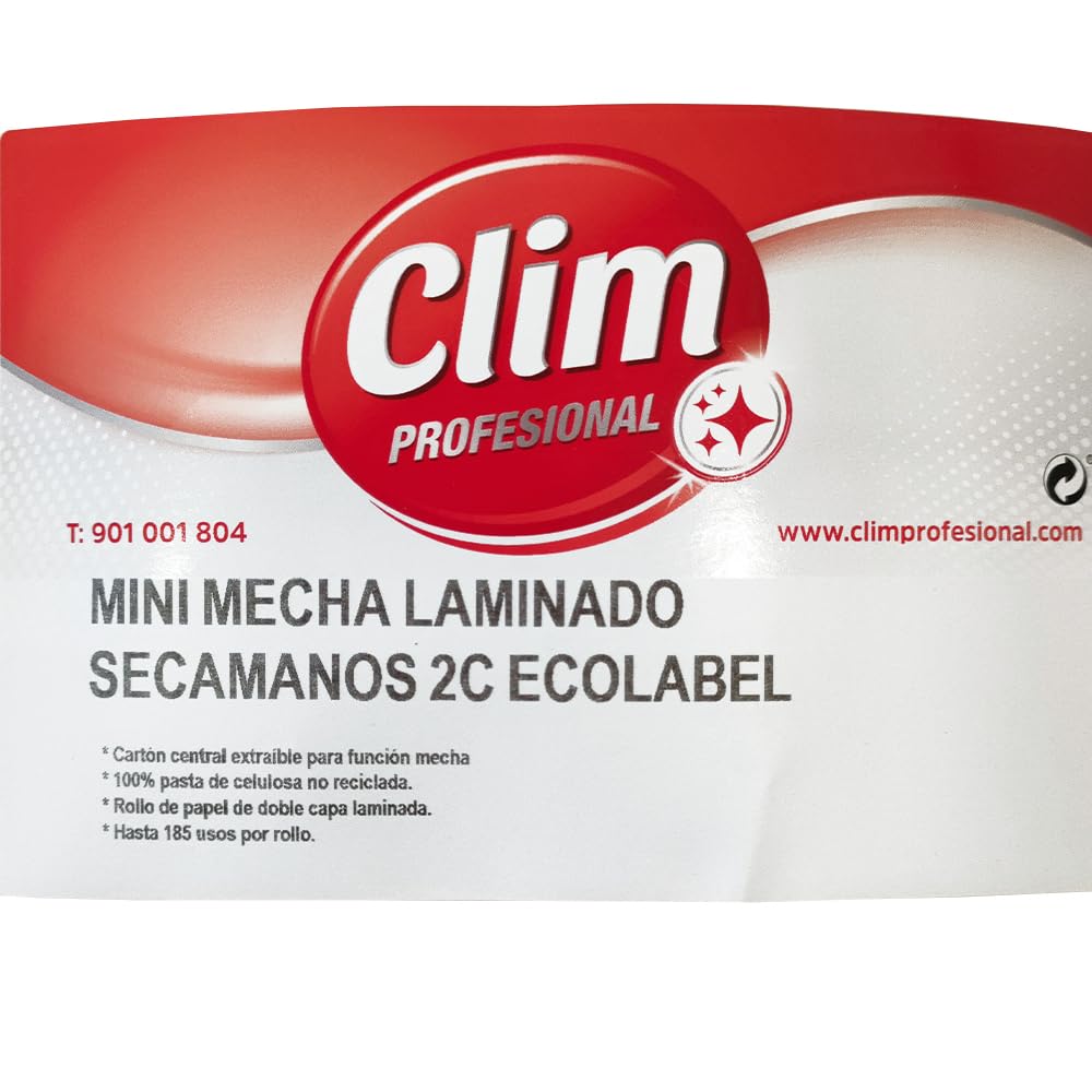 Clim Profesional - 12 Rollos de Papel Secamanos Tipo Mini Mecha Laminado de Doble Capa. Papel Gofrado Extra Absorbente para Tareas de Limpieza de Superficies. 100% Pura Celulosa Ecolabel. 60 mts