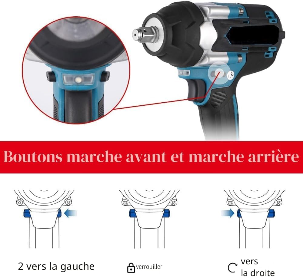 1800N.M Clé à Chocs Sans Fil,1/2 Pouce Boulonneuse a Choc, Clé à Chocs Multifonction avec Lumière LED, 7200 tr/min, 5 vitesses, pour voiture et maison