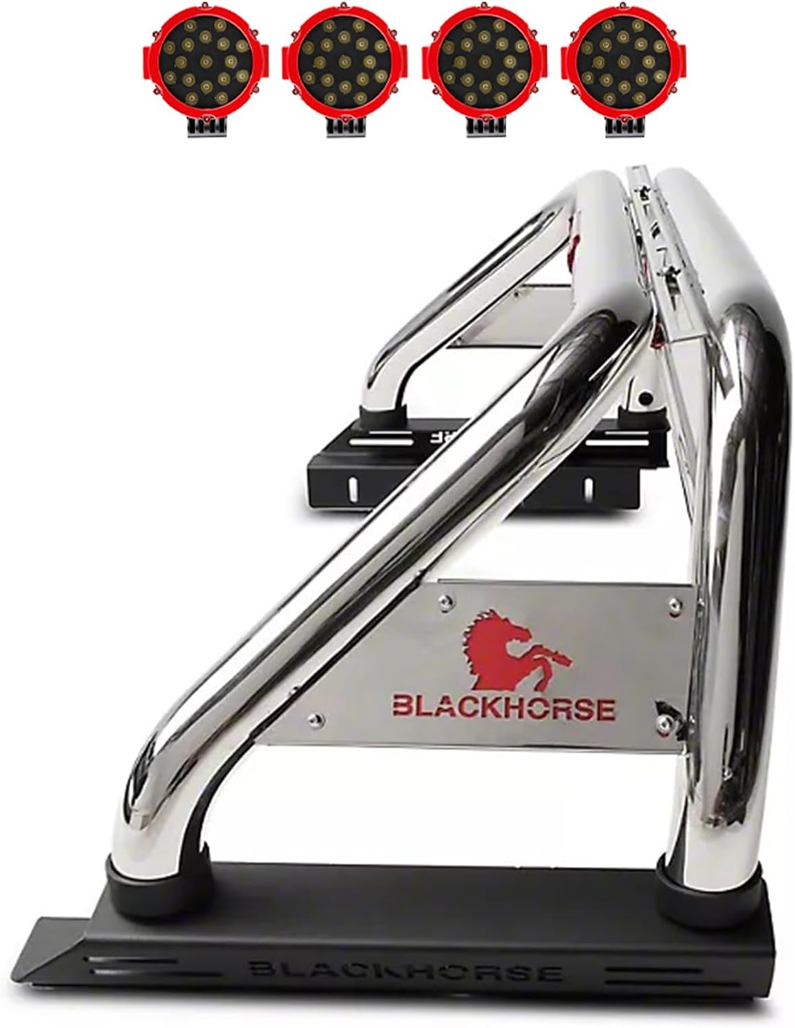 Black Horse Classic Roll Bar Incl. Pair of 7.0" Dia. LED Lights w/Red Trim Rings Stainless Steel Compatible with 2015-2026 GMC Canyon|2015-2026 Chevrolet Colorado-RB005SS-PLR