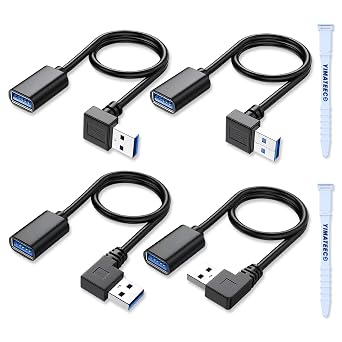 USB3.0 Extension Cable Right Angle, 11.8 inch USB to USB Extender Cord, Extension Adapter with Gold Plated Contacts for USB Flash Drive Up+Down+Left+Right, 30cm, 4pcs, Black