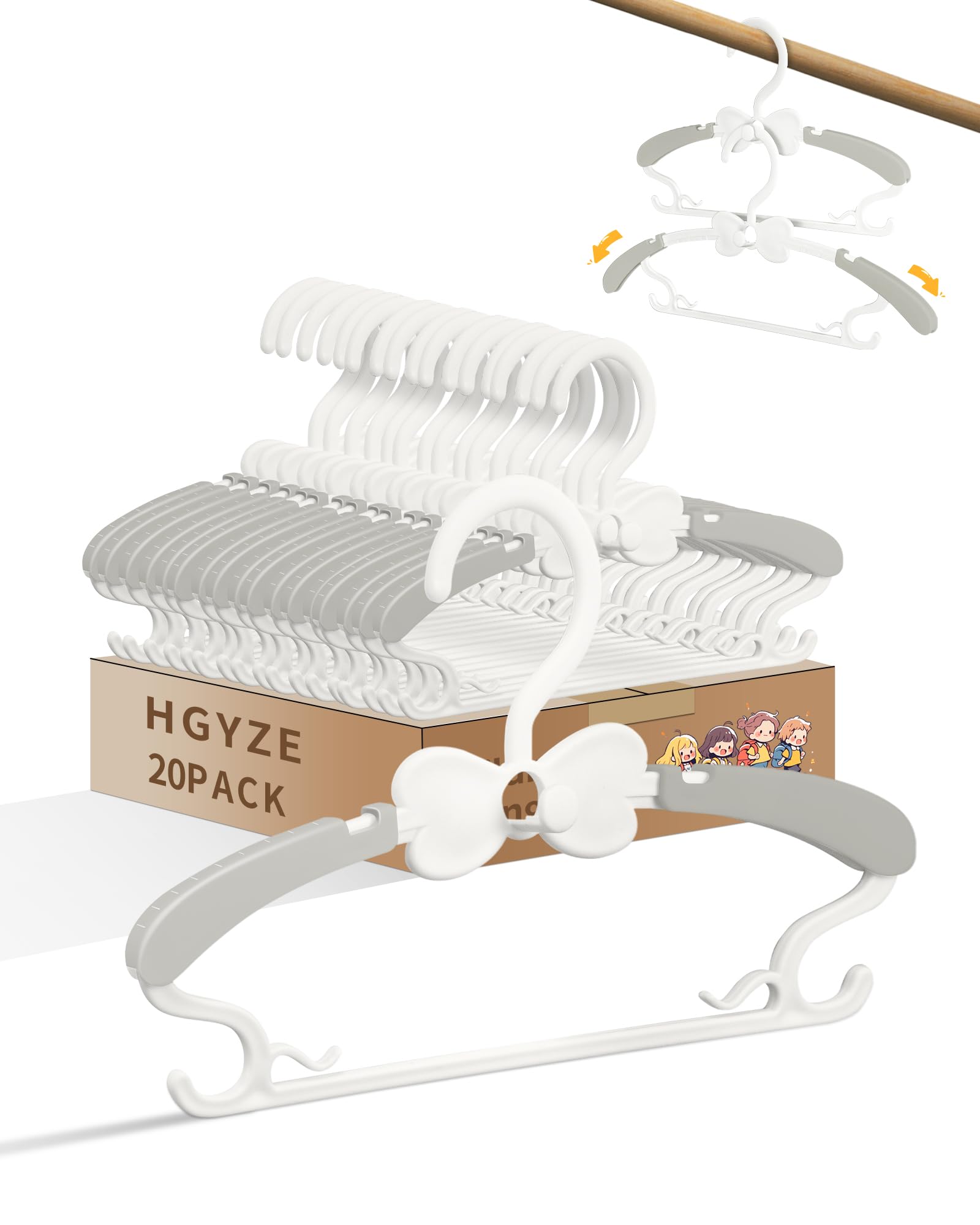 Hgyze Women's 20Pcs Grey Bow Baby Hangers For Kids Clothes Closet, Adjustable Infant Baby Coat Hangers 0-12 Months, 20Pcs Extendable Toddler Hanger For Children Girl And Boy, Non-Slip Grey Nursery Hanger With White Bow