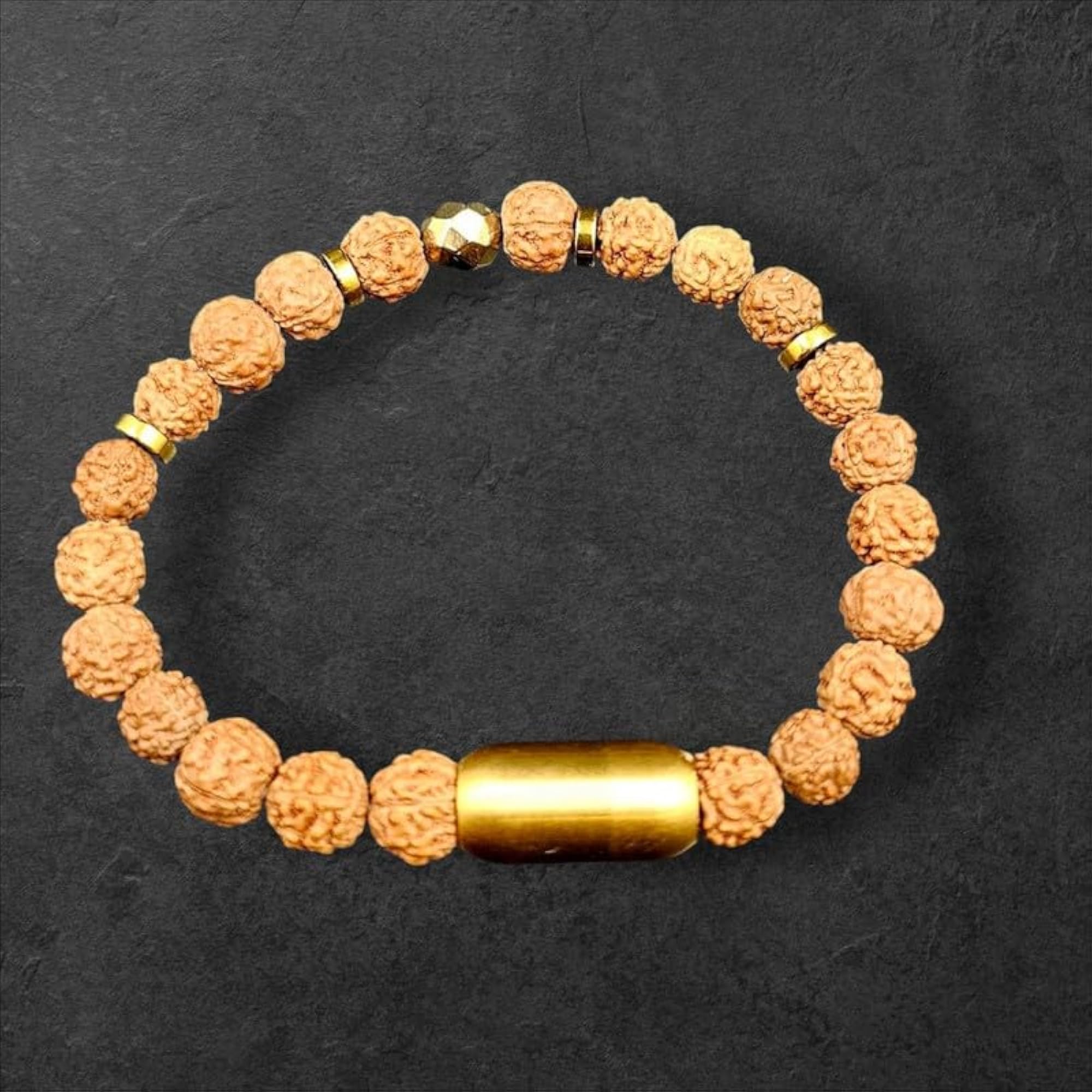 Pyrite Fools Gold Bead Five Face Rudraksha Bracelet, Certified