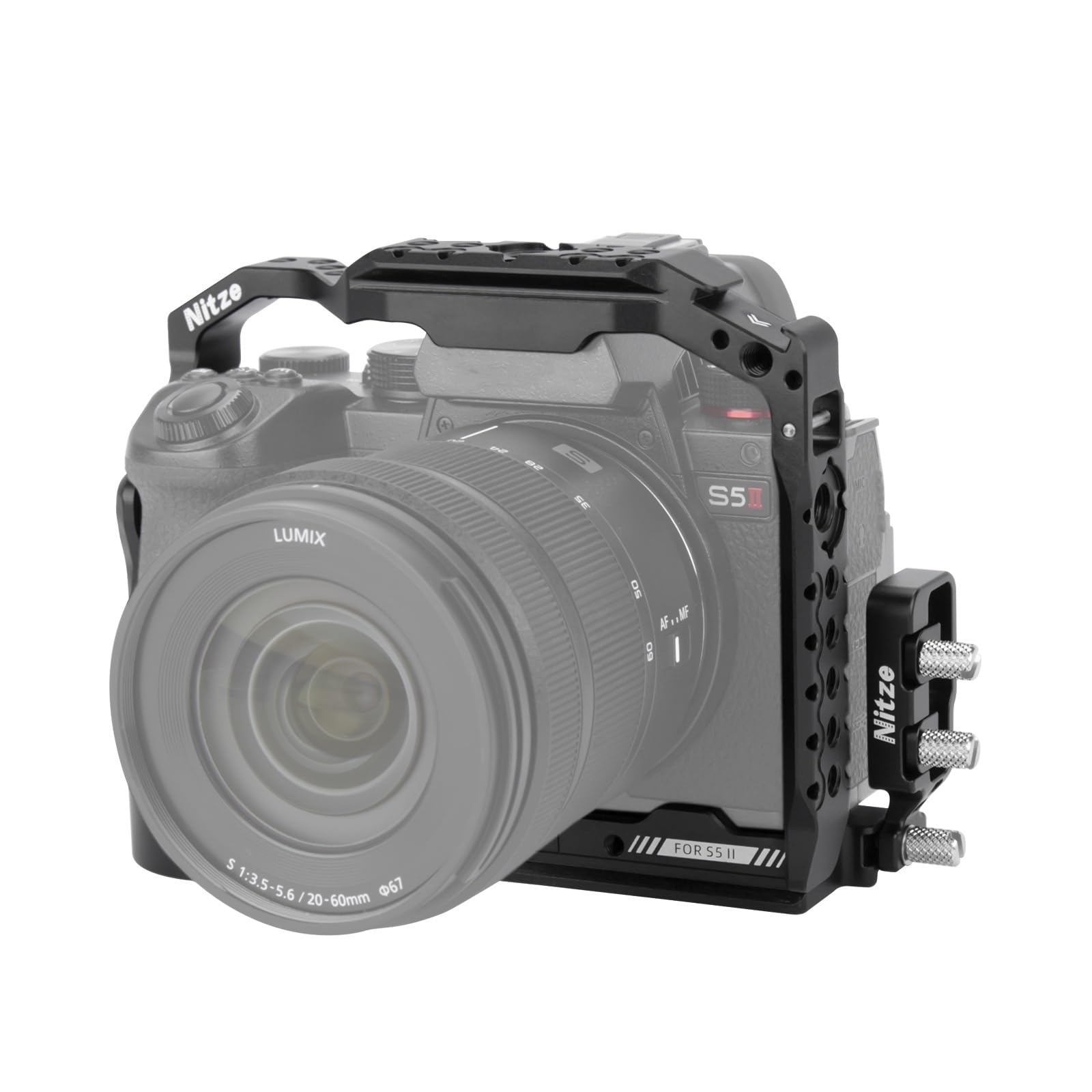 Nitze Klatka na aparat do aparatu LUMIX S5 II / S5 IIX / G9 II z zaciskiem kablowym HDMI/USB-C, wbudowane górne i boczne szyny NATO, zimna stopka i płyta szybkiego uwalniania Arca Swiss