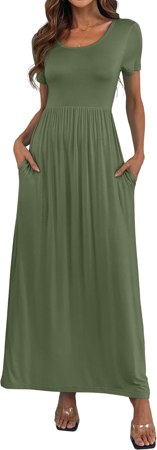 Women's Short Sleeve Loose Plain Long Maxi Casual Dresses with Pockets S Army Green
