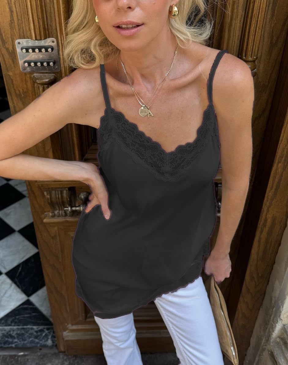 Women Satin Long Lace Trim Patchwork Cami Tops Y2k Spaghetti Strap Silk Tank Top Flowy Layering Lace Slip Camisole Tops - Image 4