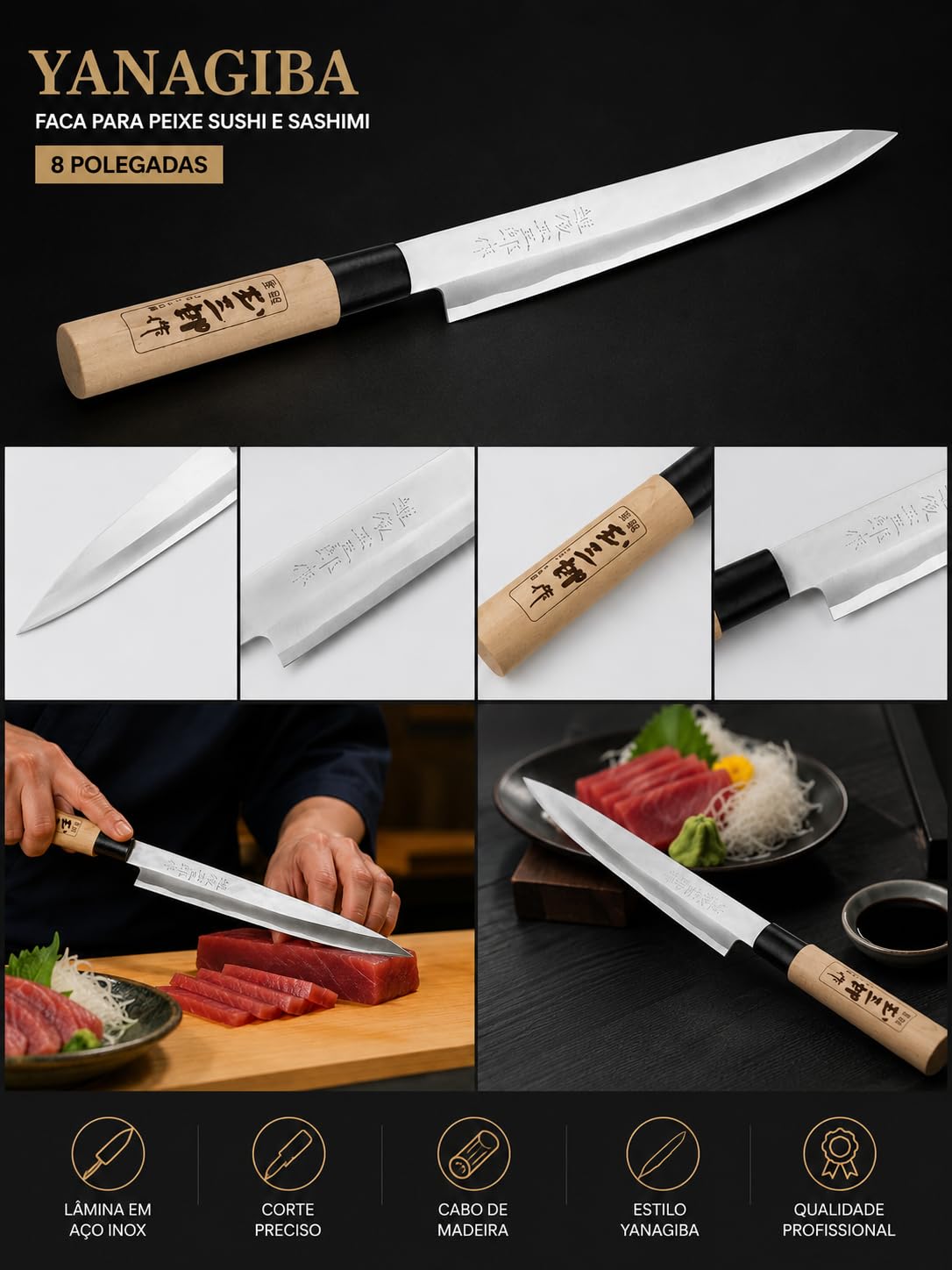 Tamasaburo Faca para Peixe Sushi Sashimi Yanagiba Japonesa Aço