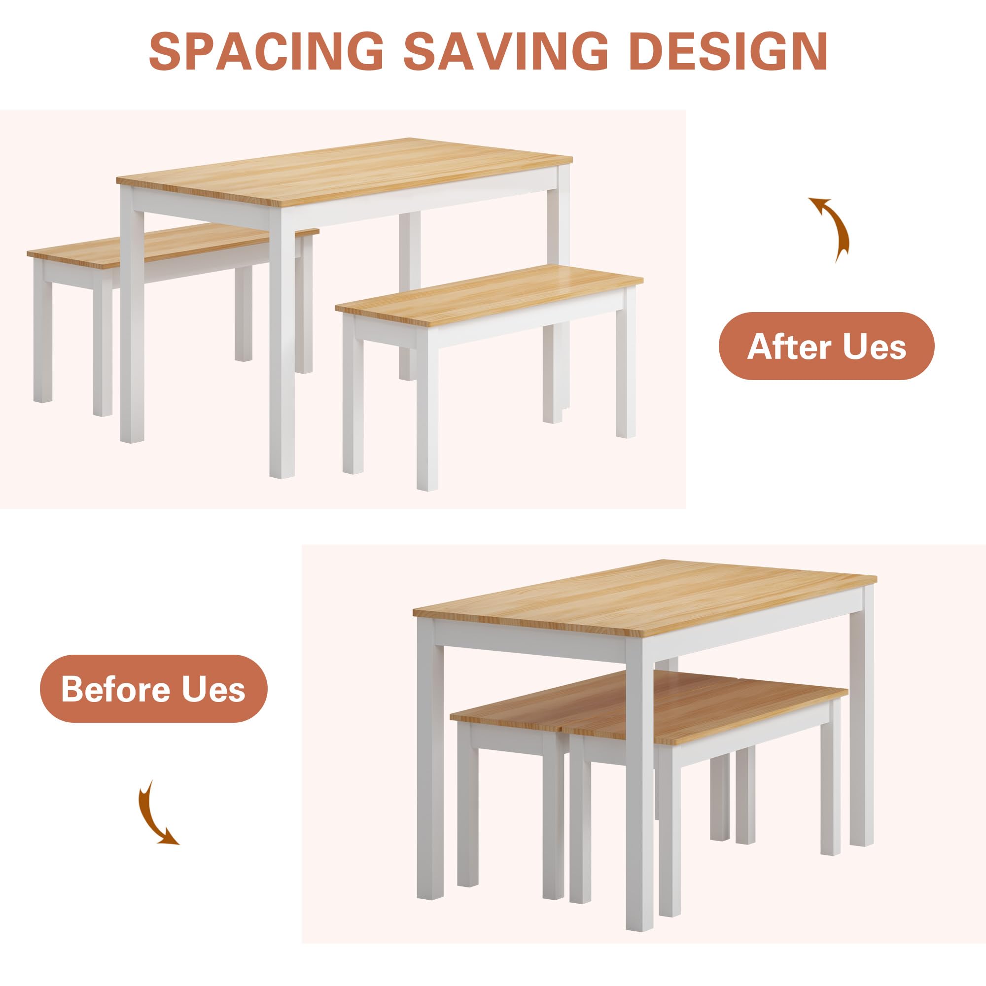 SogesHome Set da pranzo 3 pezzi in legno, tavolo da pranzo con 2 panche in stile rustico, tavolo da pranzo, tavolo da pranzo con sedie per 4 persone, bianco