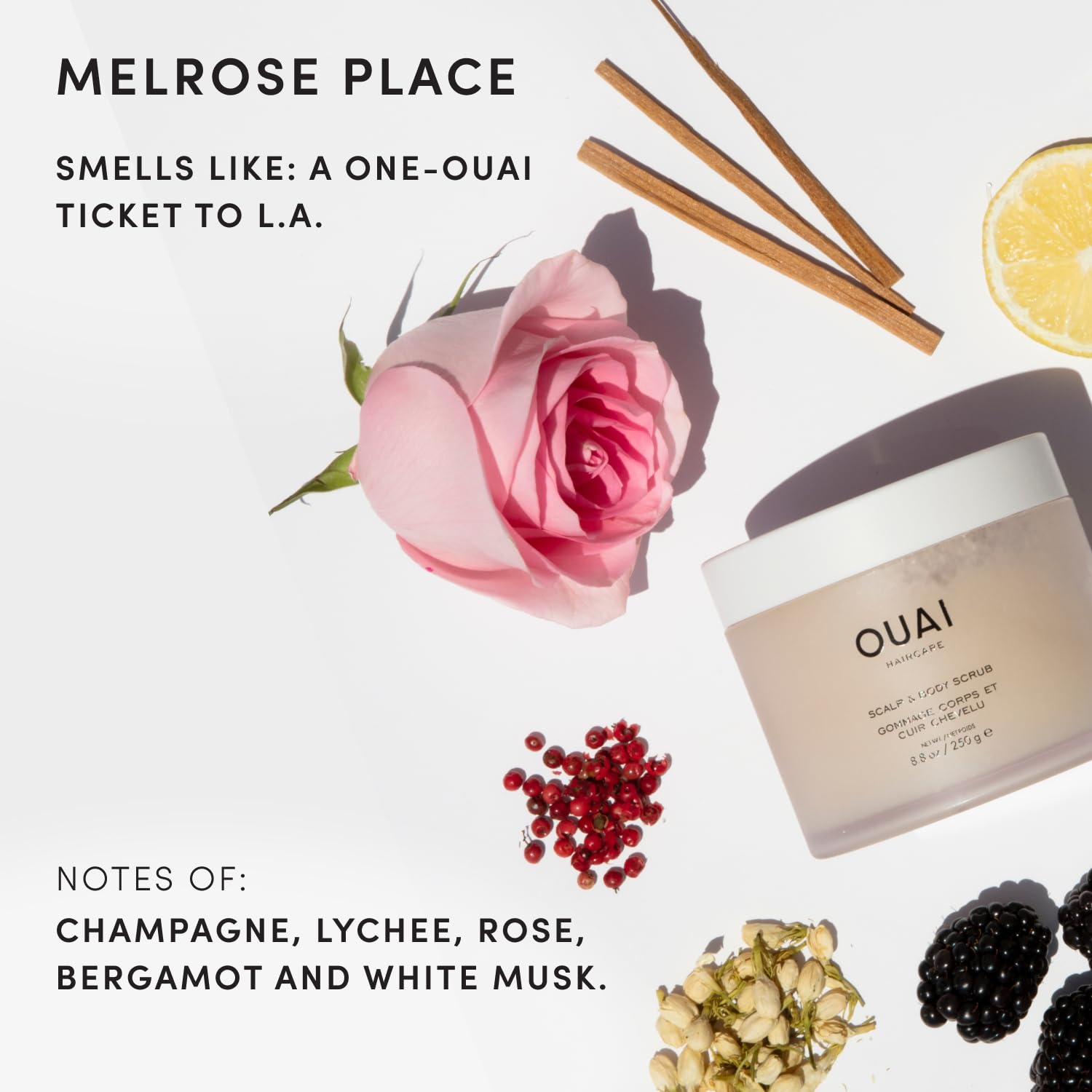 OUAI Gommage cuir chevelu & corps format voyage, Melrose Place - Gommage exfoliant au sucre + mélange d’huile de coco pour une peau lisse et hydratée - Exfoliant doux pour éliminer l’accumulation de p