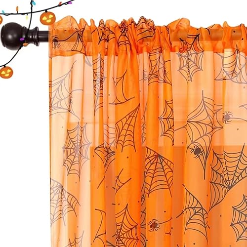 Miniatura 9 de Cortinas de Halloween para sala de estar, cortinas traslúcidas blancas de 84 pulgadas de largo, 2 paneles de decoración de Halloween para el hogar,
