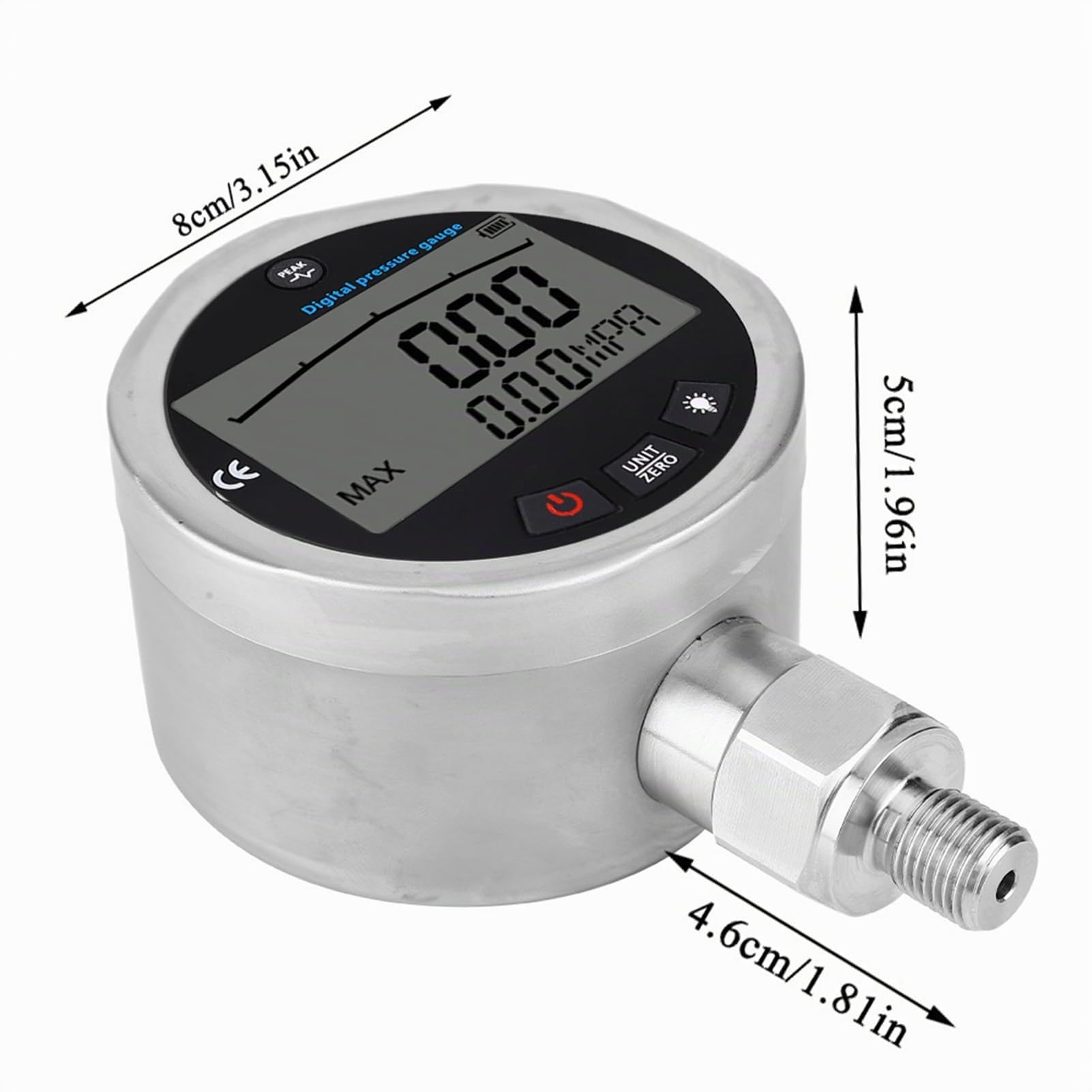 Manómetro Hidráulico Digital, 400 Bar Manómetro Digital de Acero Inoxidable con Conector G1/4, Manometro Presion con Pantalla LCD Iluminada, Portátil Vacuometro, para Agua, Gas y Aceite