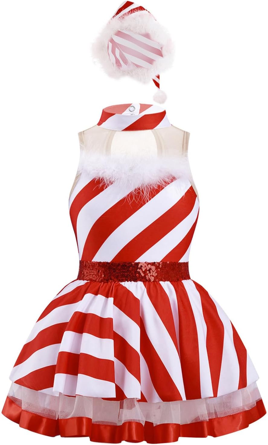 Hansber Kids Girls Candy Cane Striped Christmas Dance Dress Ballet Dance Costume Xmas Party Fancy Dress Ups