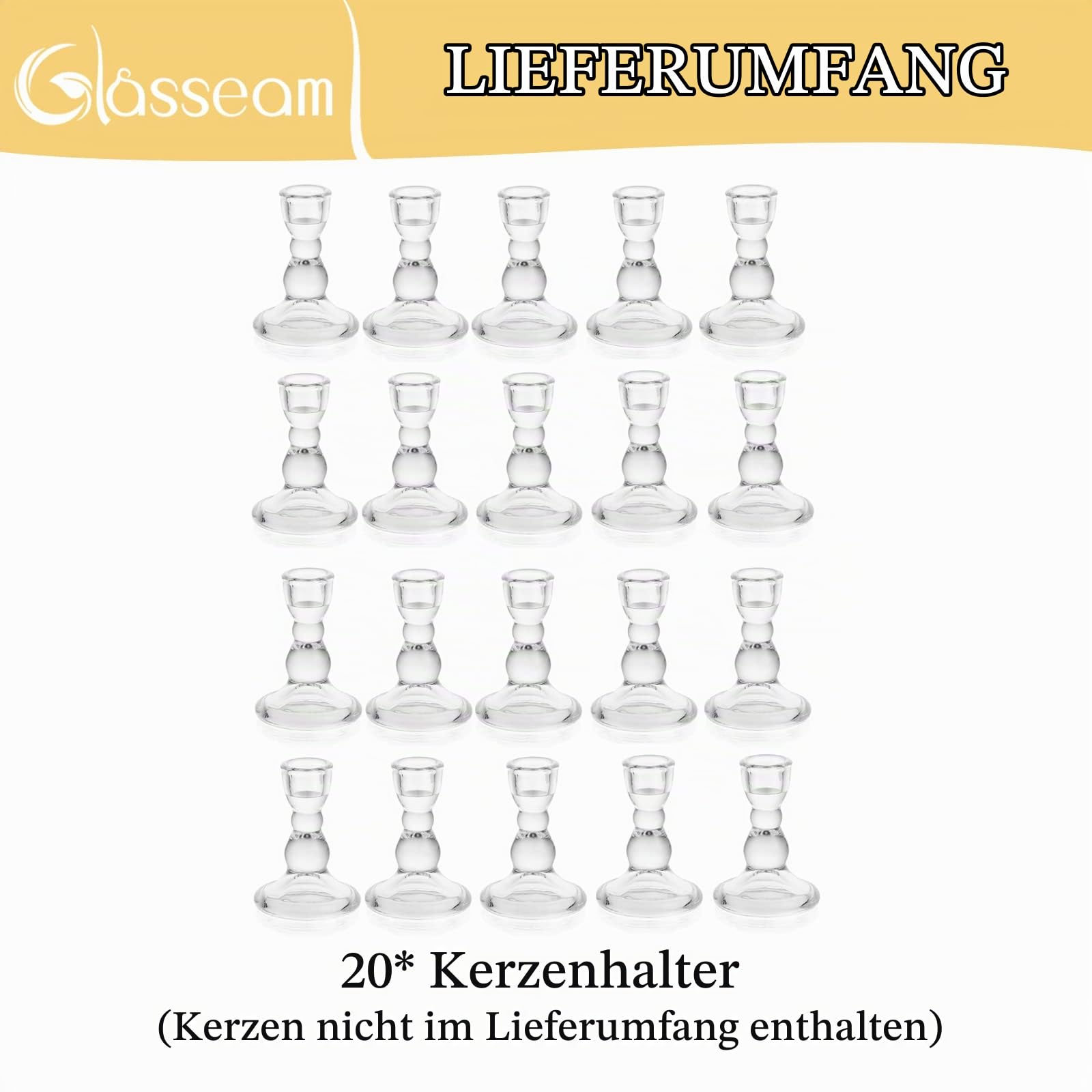 Glasseam Glas Kerzenständer Stabkerzen: 20 Stück Kerzenhalter Stabkerze | Transparent, Klein, Weihnachten, Advent, Hochzeit, Tischdeko, Kommunion