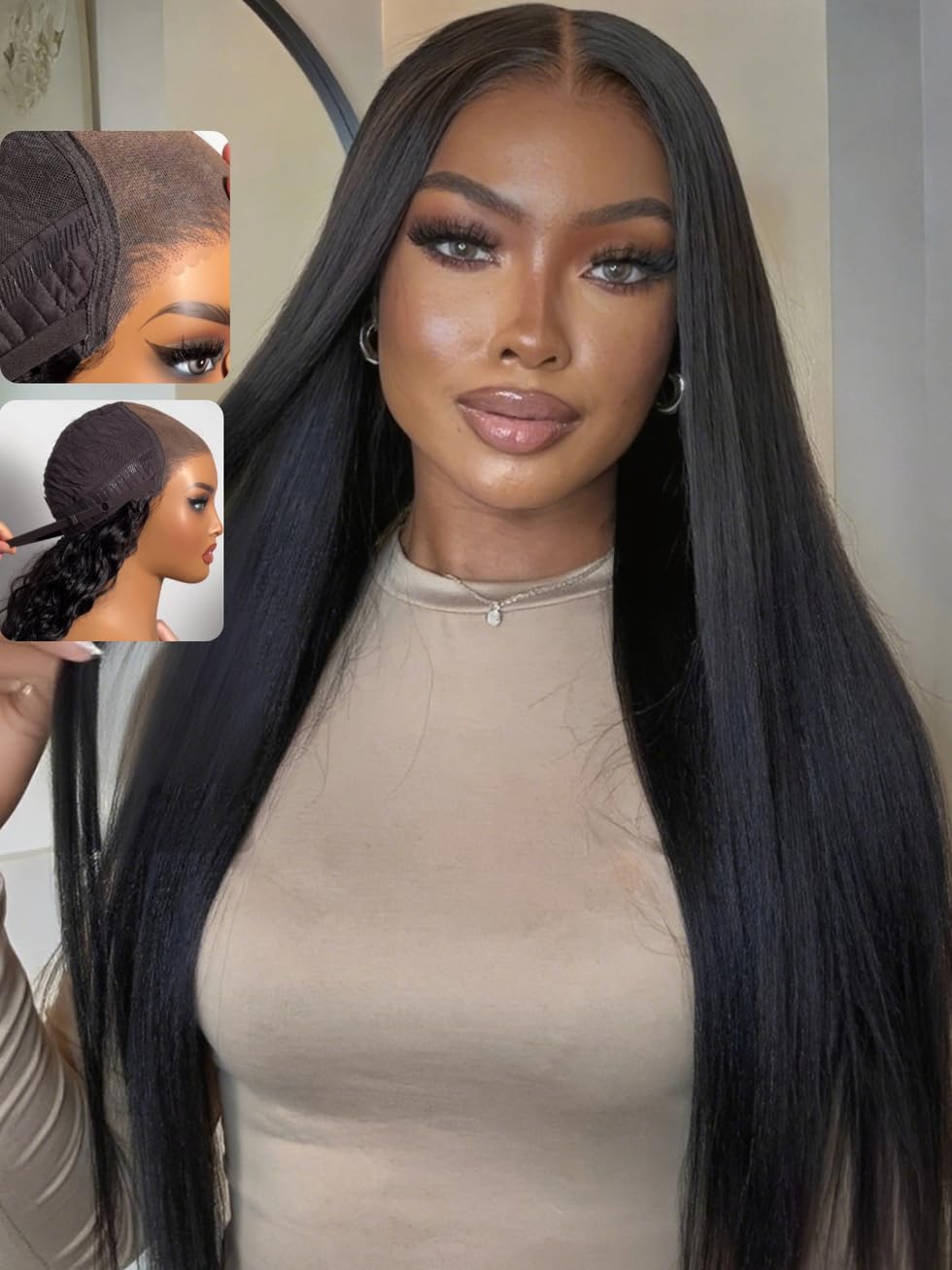 UNICE No Slip Wig Black Yaki Straight 7x5 Lace Front Drawstring Wigs Human Hair Flexible Mesh Cap with Secure Silicone Strips Bye Bye Knots Glueless Wig Pre Plucked Pre Cut 22 inch