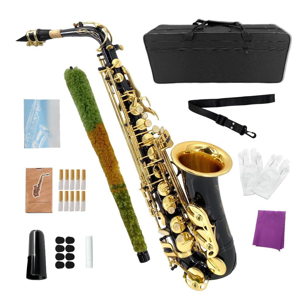 Kit completo per sassofono contralto, sax piatto in mib, con custodia e accessori per studenti, adulti e principianti (set per sassofono contralto con bocchino, ance, guanti, panno e