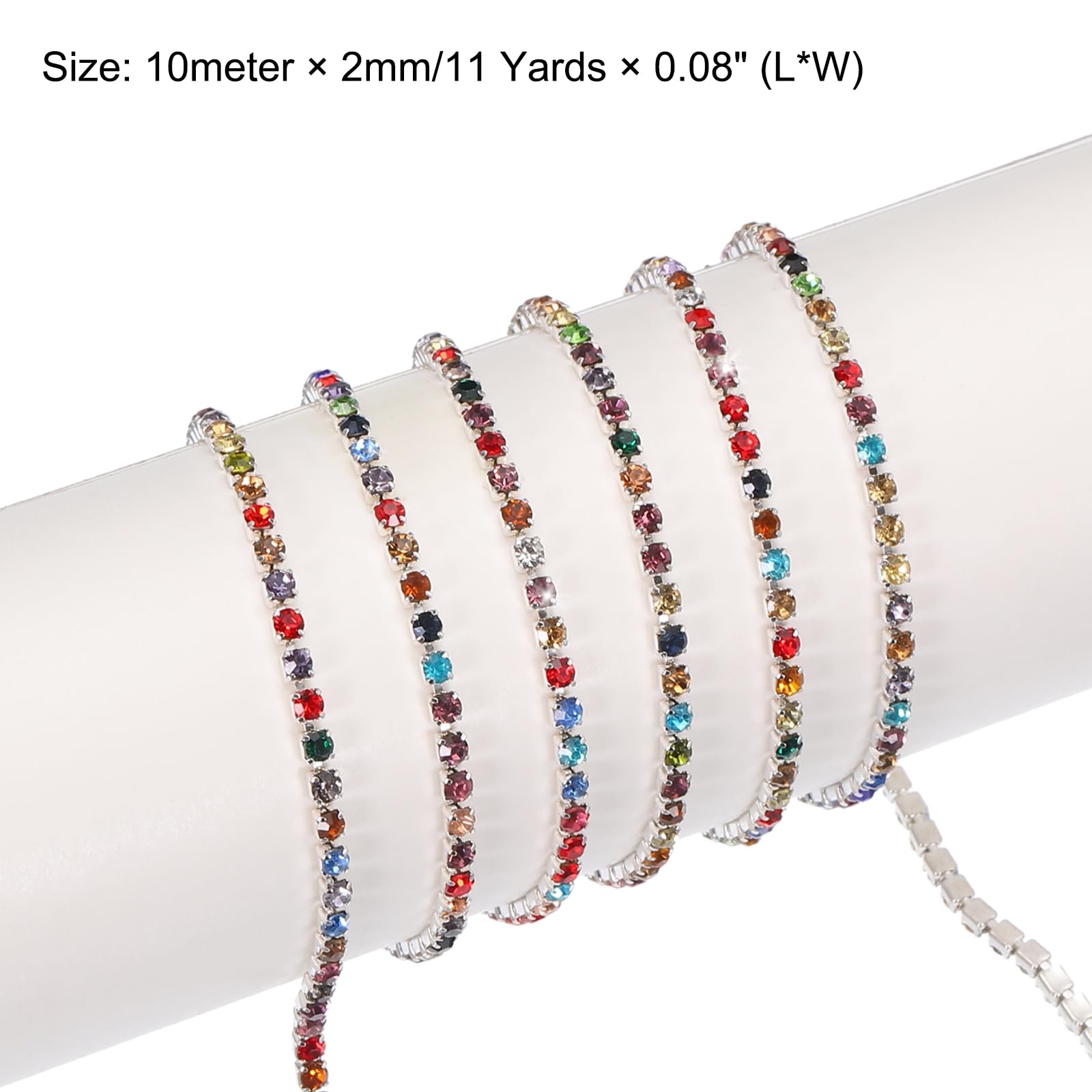 QUARKZMAN 11 Iarde 2mm Cristallo Strass Diamante Catena Chiusura Coppa Rifinito Catena per Cucire Artigianato Gioielli Fai da Te Decorazioni Matrimoni Arcobaleno