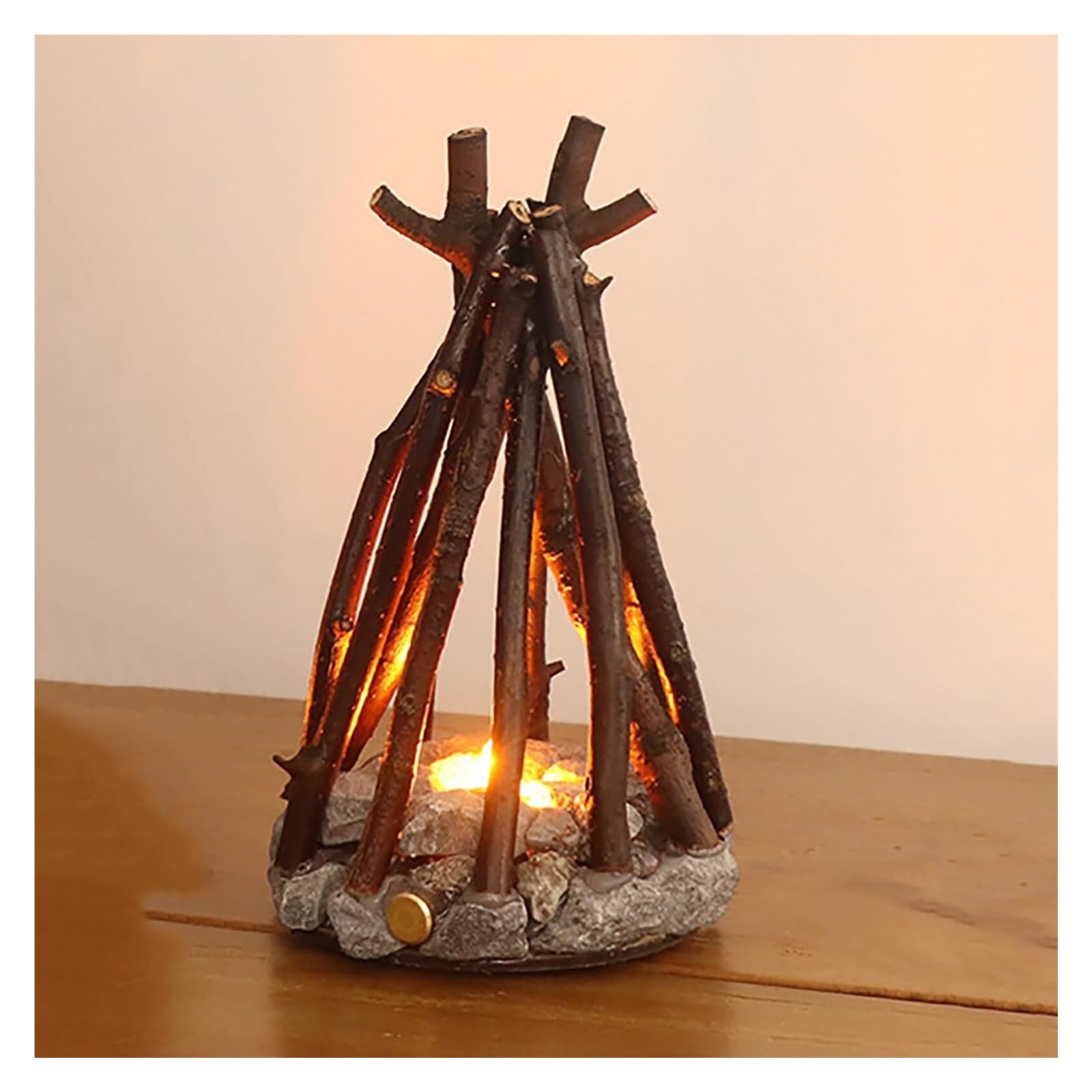 HELCEKOU Bonfire Night Light, Rechargeable Campfire Lamp with Artificial Flame, Tabletop Tree for Coffee Table Home Decor(M)